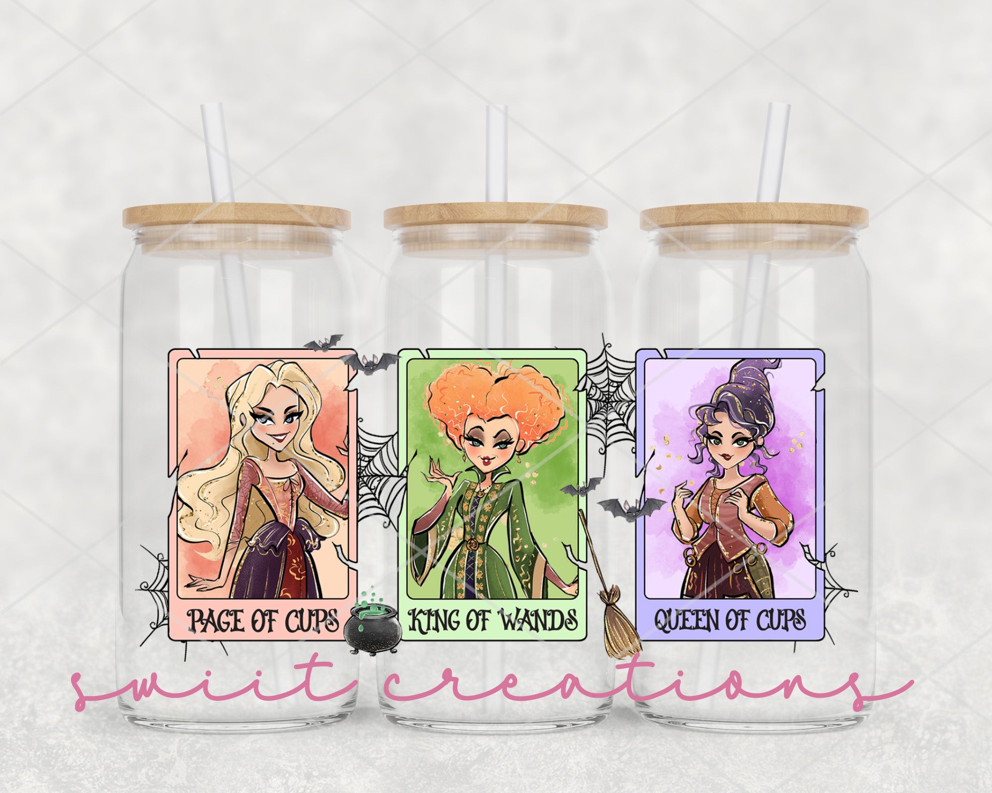 a set of three glass jars filled with cartoon characters