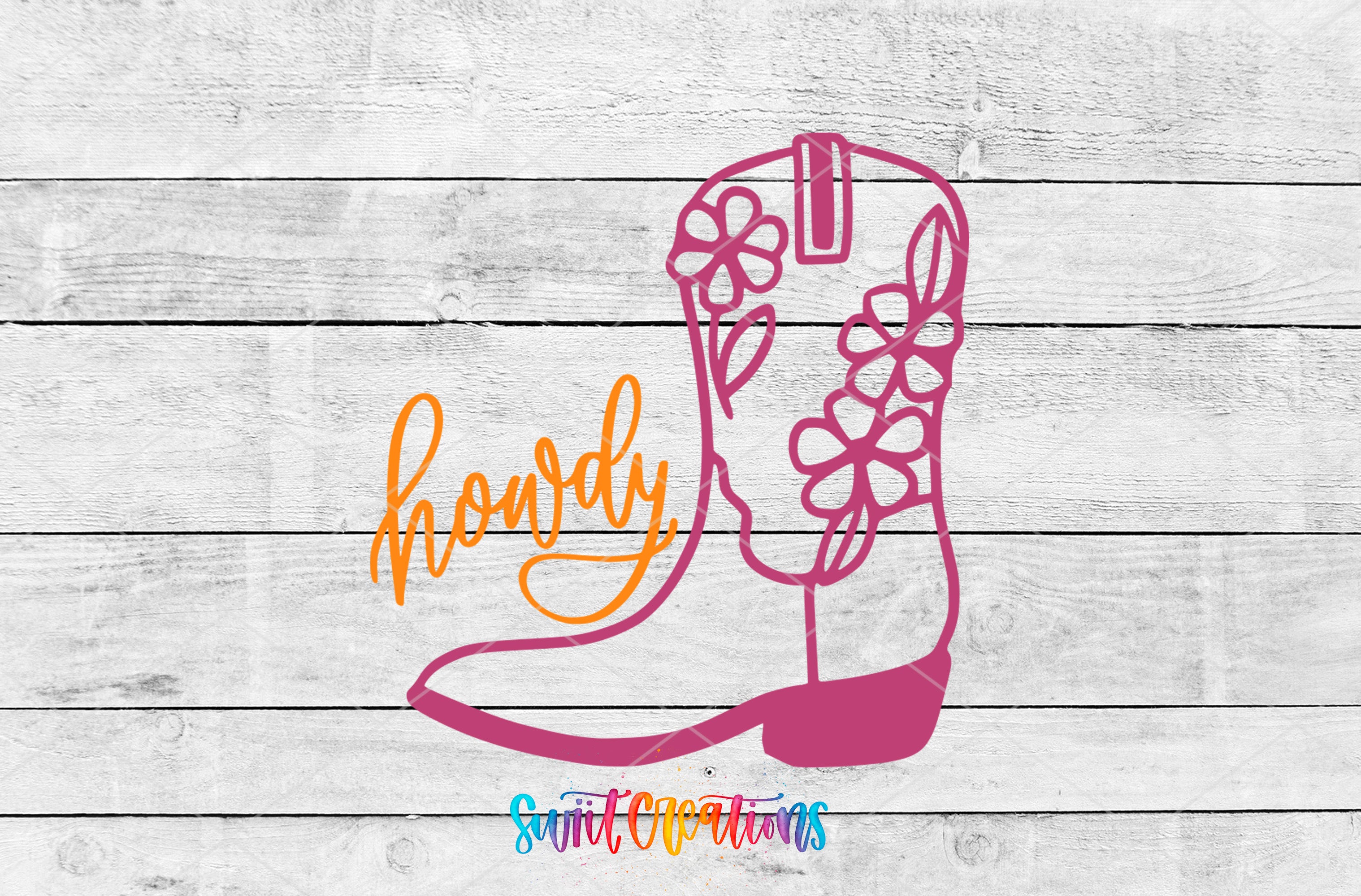 A stylized illustration of a cowboy boot with flowers, accompanied by the word "howdy" written in a cursive font.