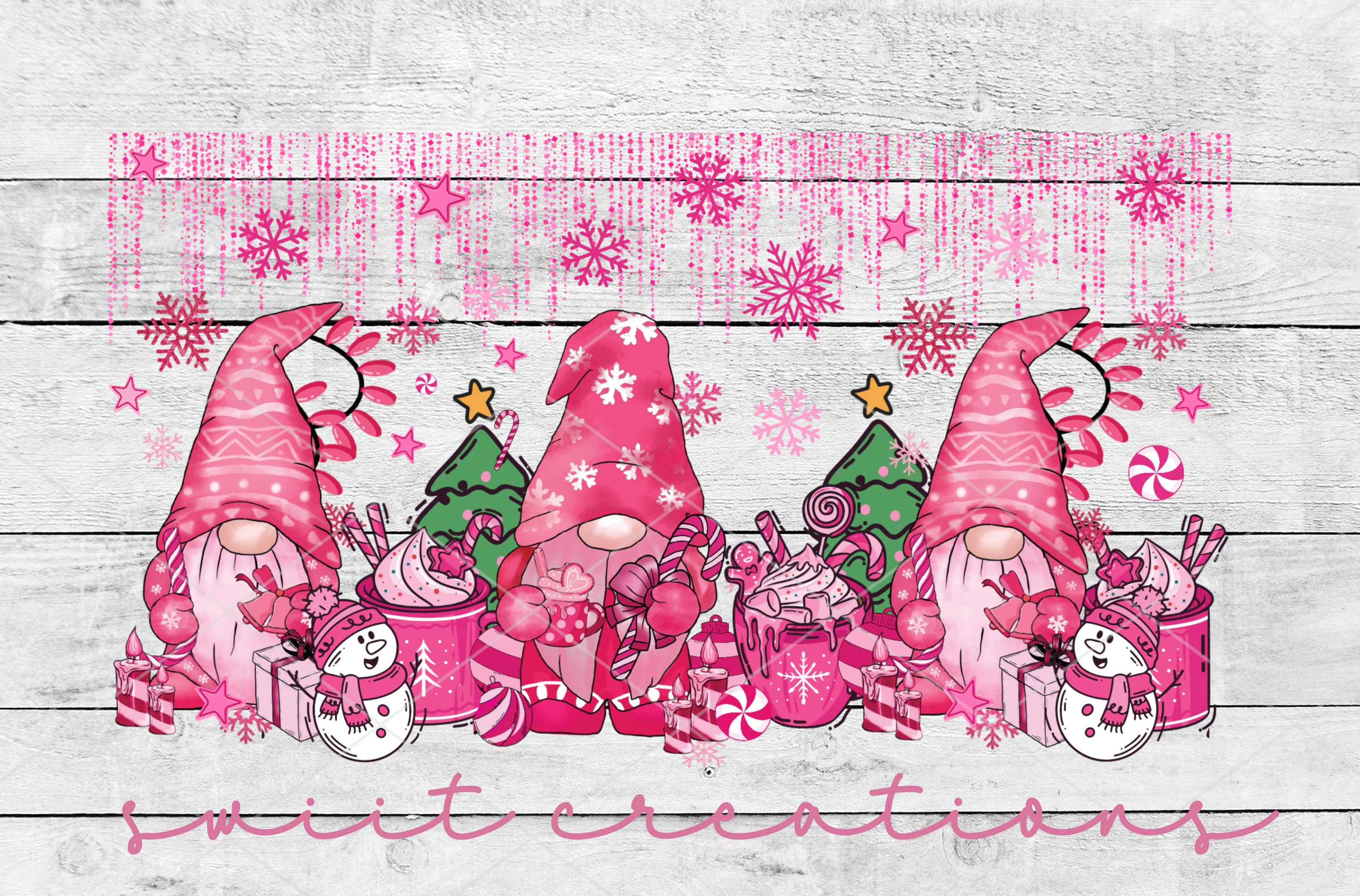 a group of pink gnomes with christmas trees