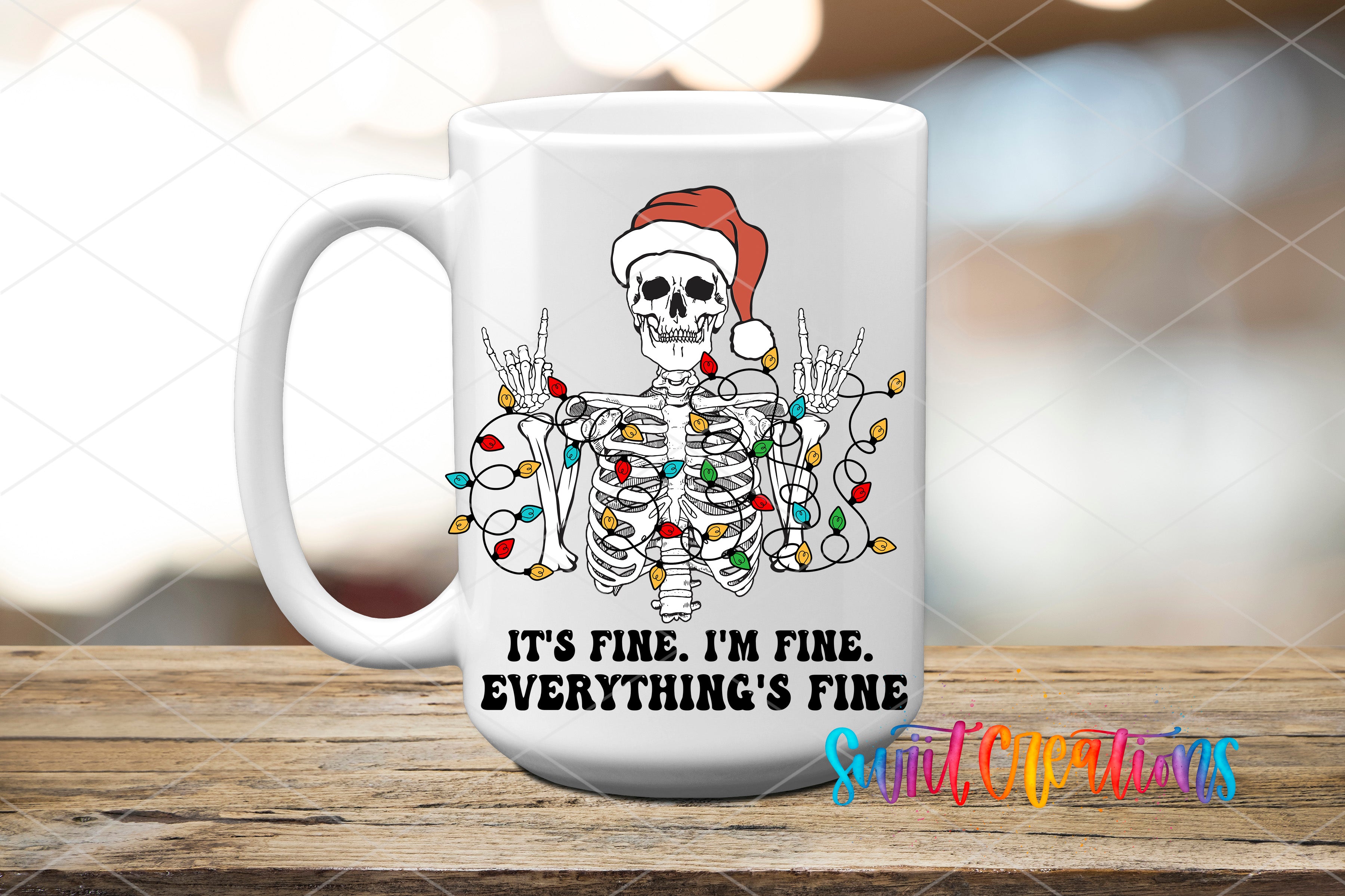 A white ceramic mug with a skeleton wearing a Santa hat and holding up a "It's fine, I'm fine" sign.