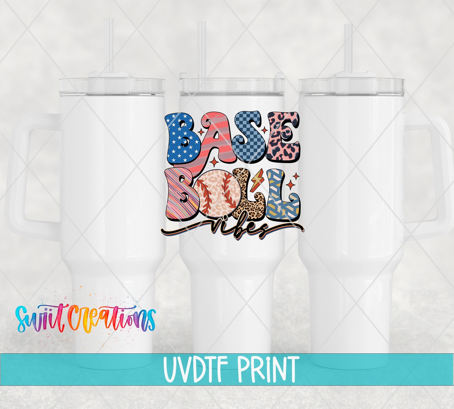 three white tumblers with a colorful design on them, including the text "BASE BALL VIBES" and the text "Switc Productions UVDF PRINT".
