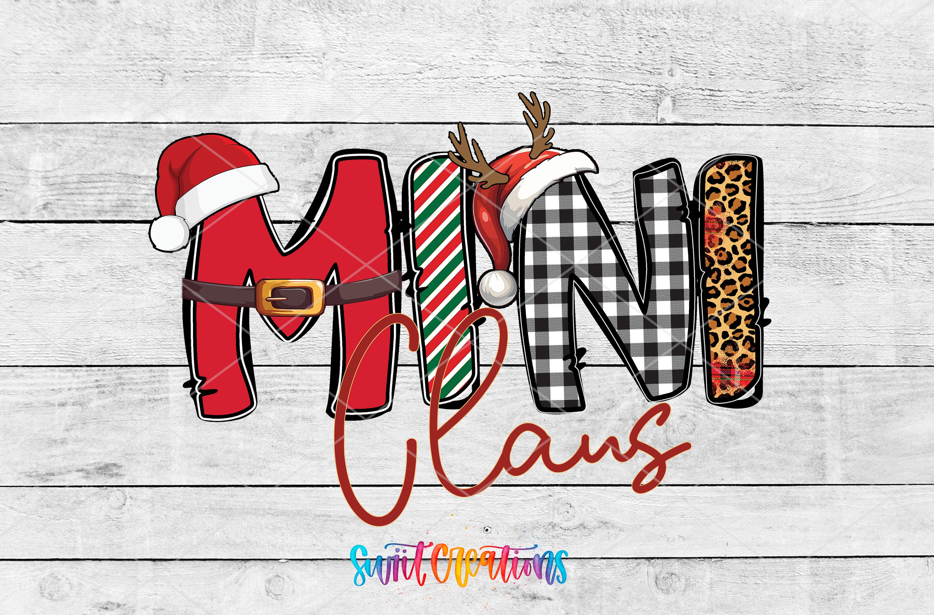 a stylized text design with various holiday-themed elements, including Santa hats, reindeer antlers, and leopard print.