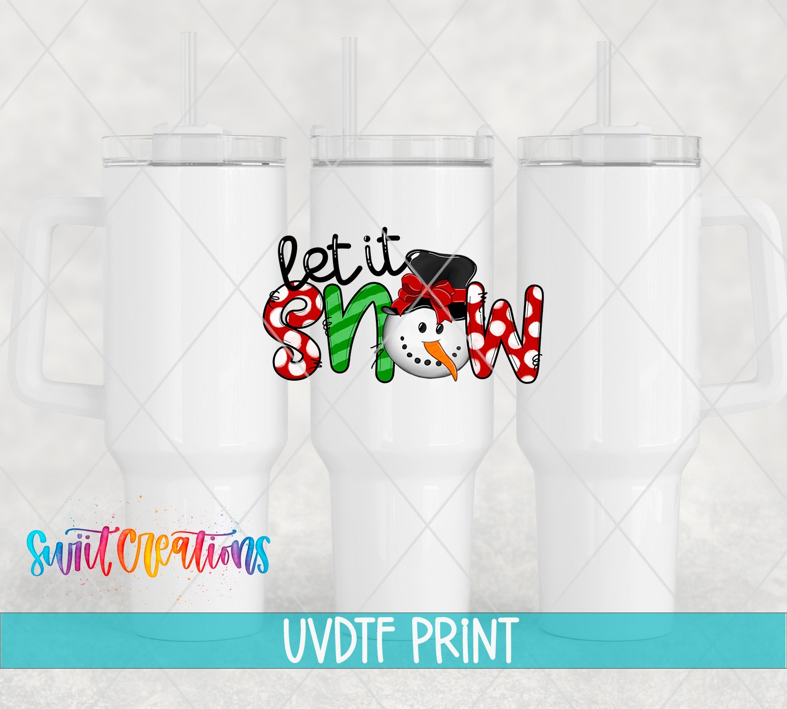 a set of three white tumblers with the words let it snow and a snow