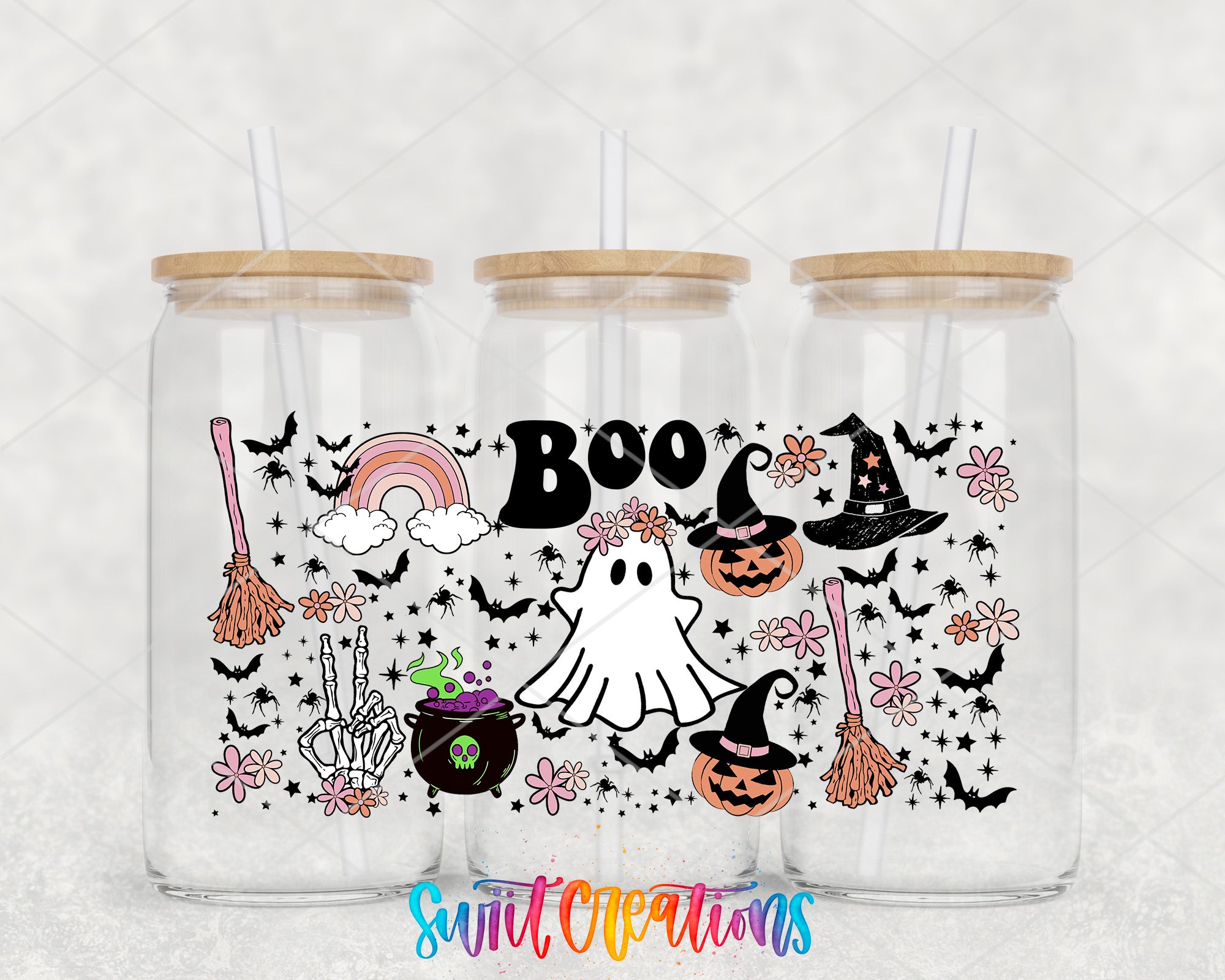 A collection of Halloween-themed items, including a ghost, broomstick, pumpkin, and other spooky symbols, arranged in a row with the word "BOO" prominently displayed.