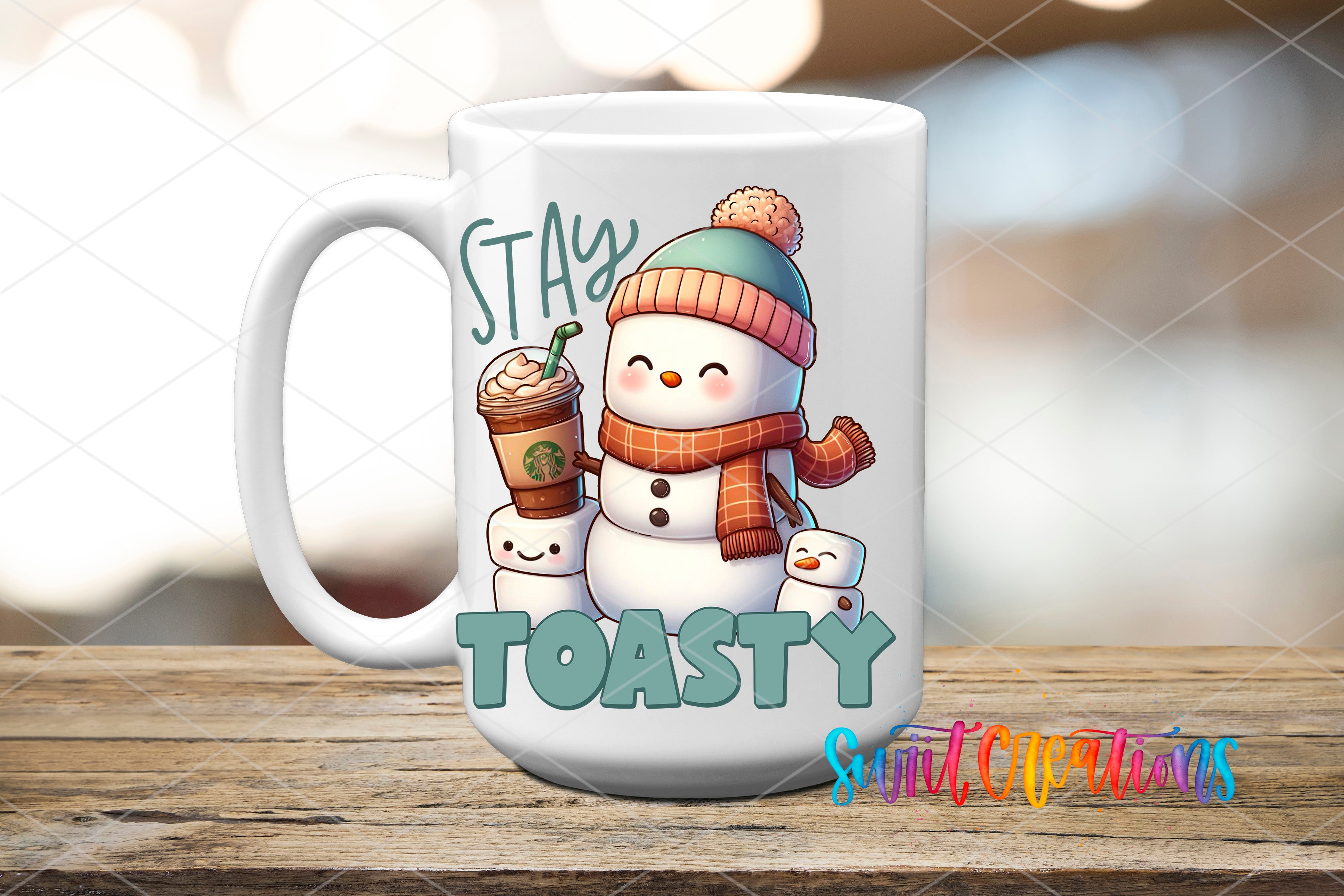 a coffee mug with a snowman holding a cup of coffee