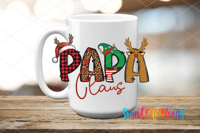 a coffee mug with the word papa claus on it