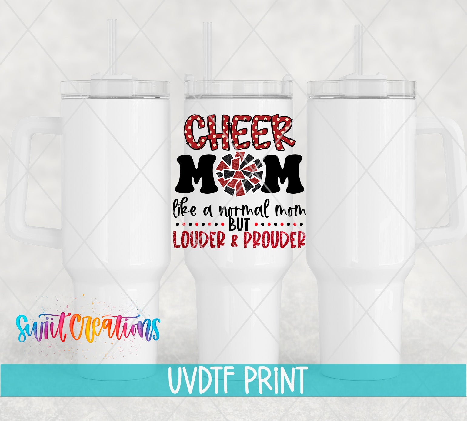 a white tumbler with a printed design on it, including text and graphics.