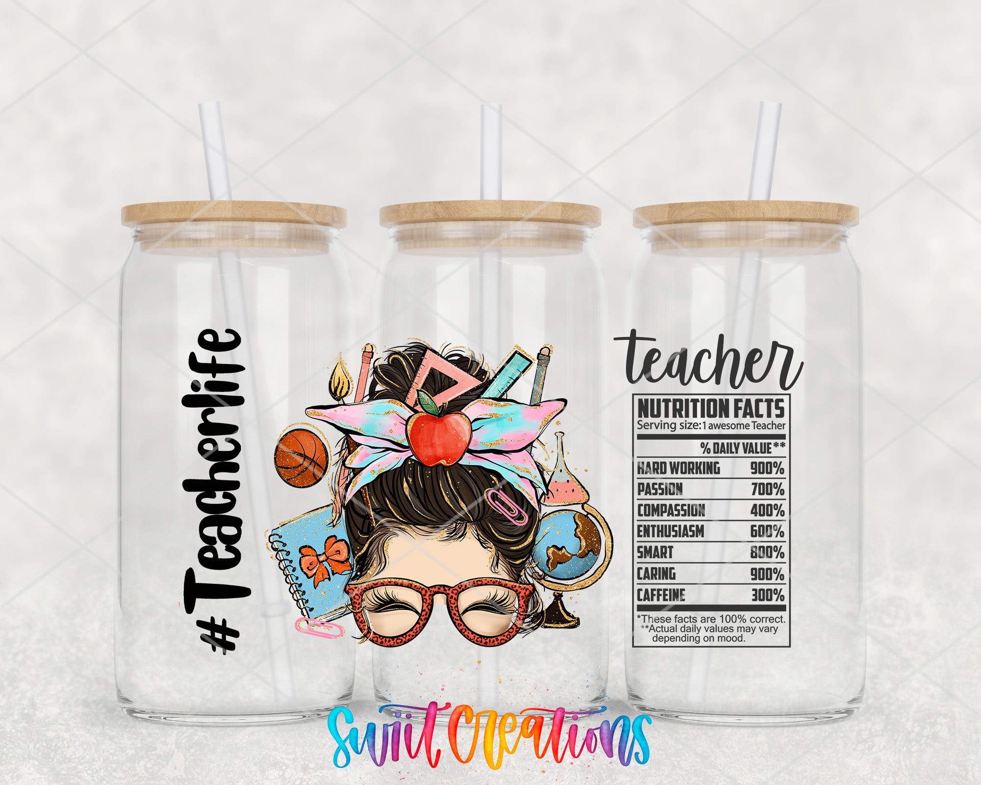 three glass jars with a colorful illustration of a woman's face wearing glasses and a headband, surrounded by various school supplies.
