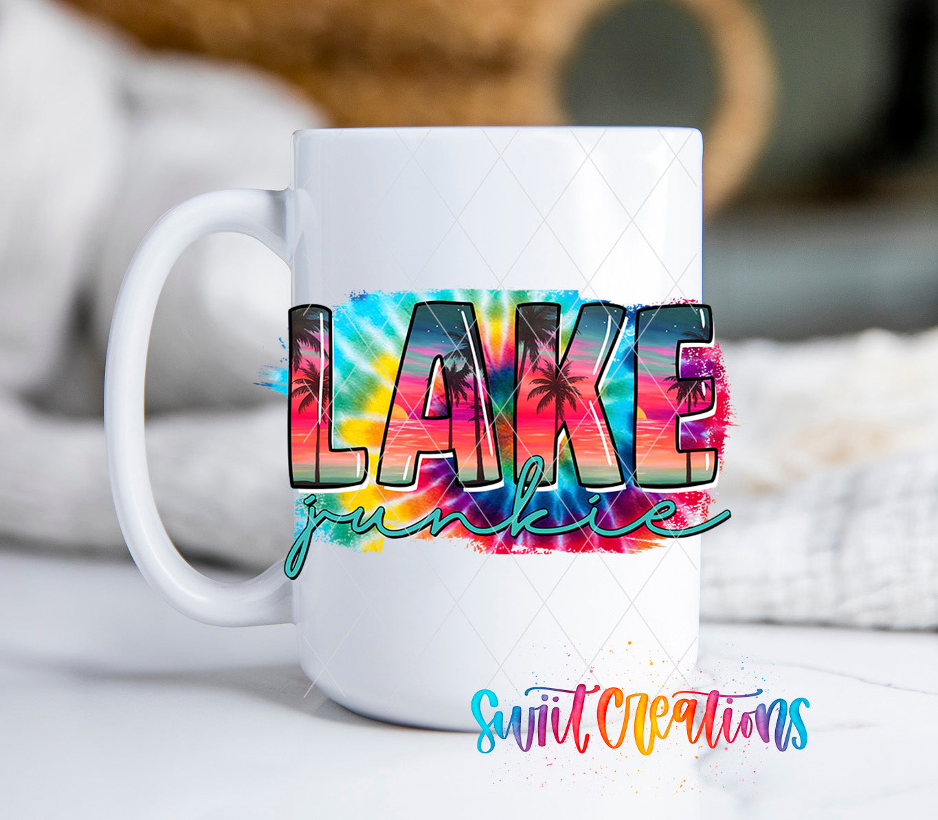 a coffee mug with the word lake painted on it