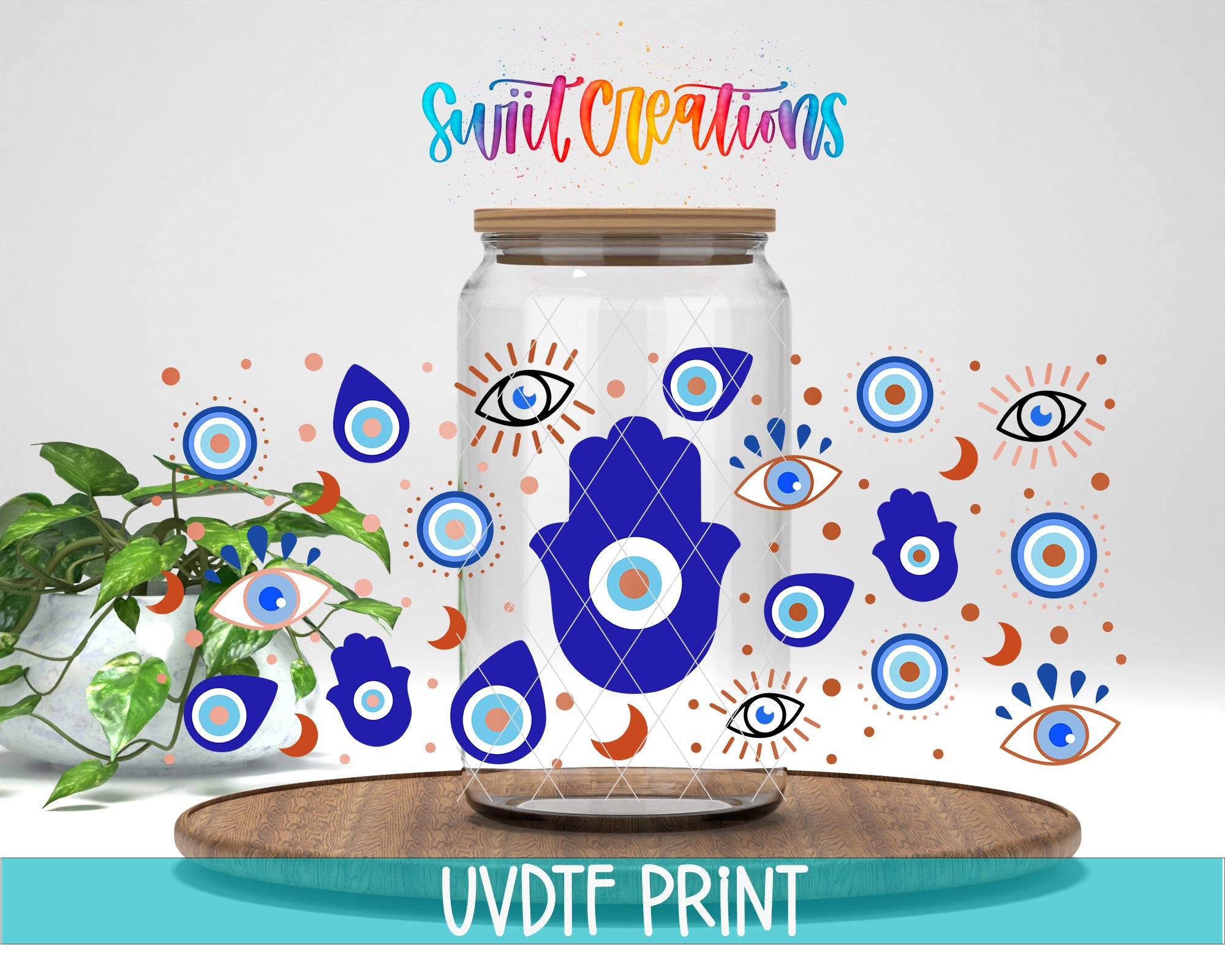 The image is a colorful and whimsical illustration featuring a glass jar with various eye and hand designs, surrounded by a variety of other eye and hand motifs. The text "Swift Creations" is written above the jar, and the phrase "UVDF PRINT" is written at the bottom of the image.