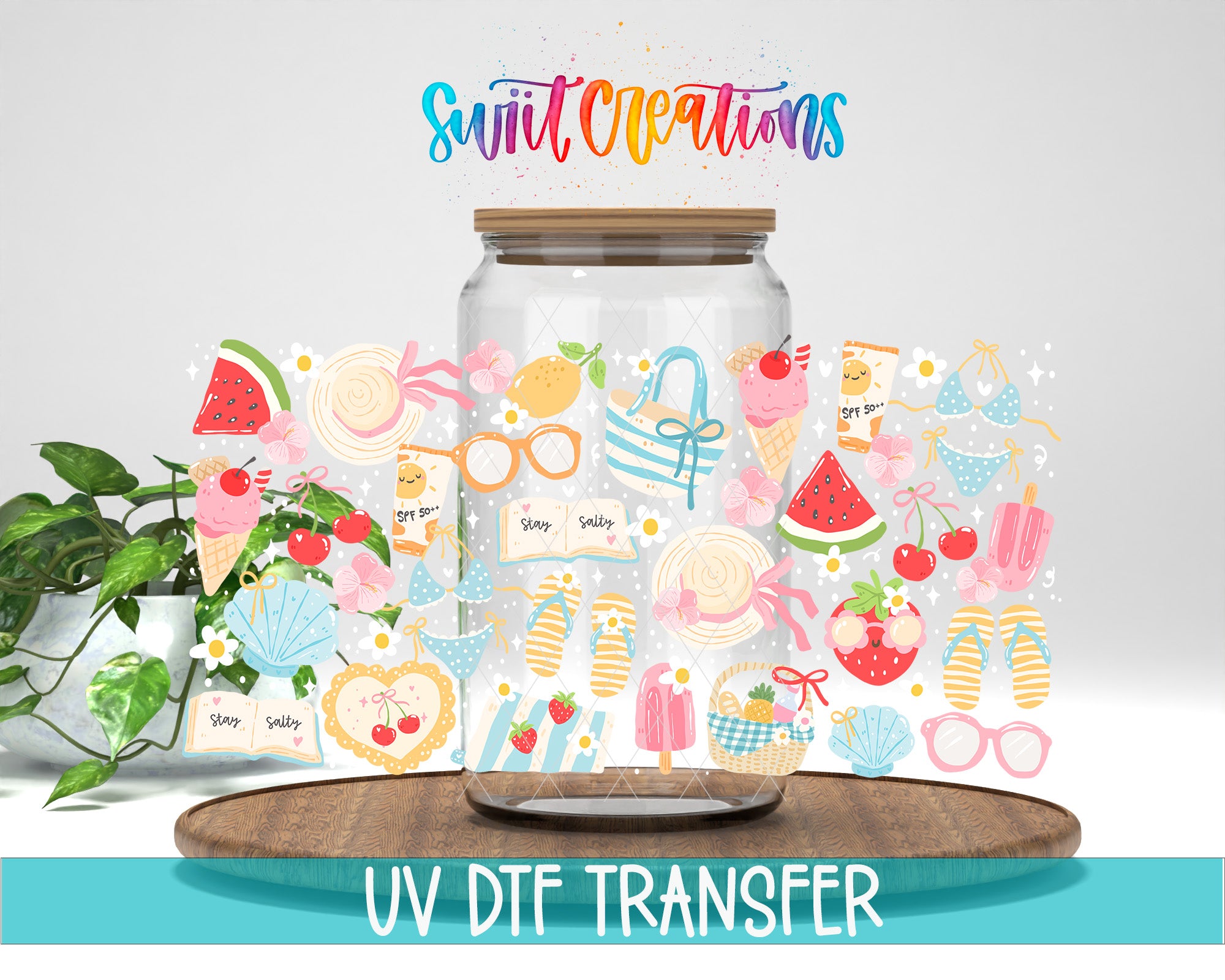 a glass jar filled with various colorful illustrations, including sunglasses, fruits, flowers, and other summer-themed objects. The jar is placed on a wooden surface, and there is a plant in the background. The image also includes text that reads "Swift Creations UV Dtf Transfer".