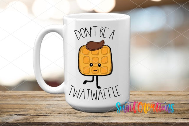a white coffee mug with a waffle on it
