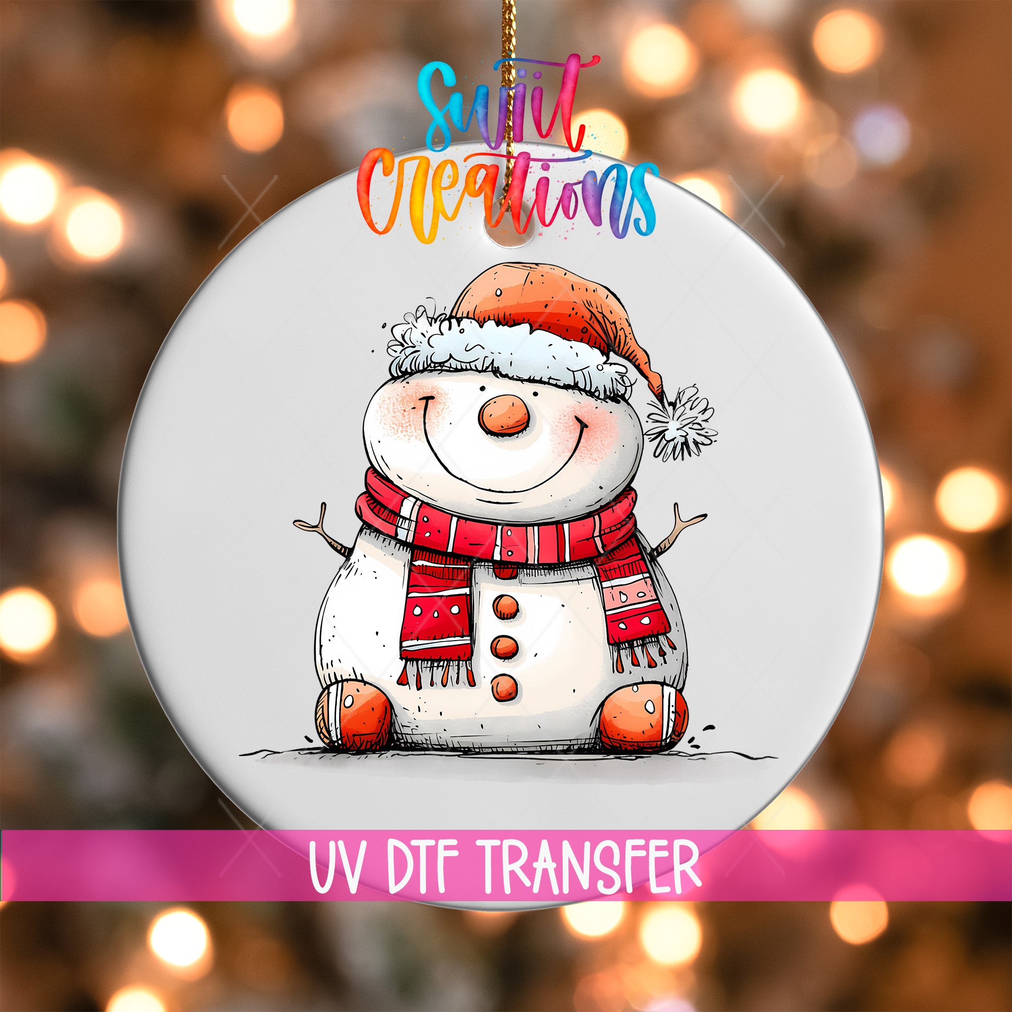 A snowman ornament with a red scarf and hat, sitting on a snowy surface, is the main focus of the image. The background is blurred, creating a festive atmosphere with twinkling lights.