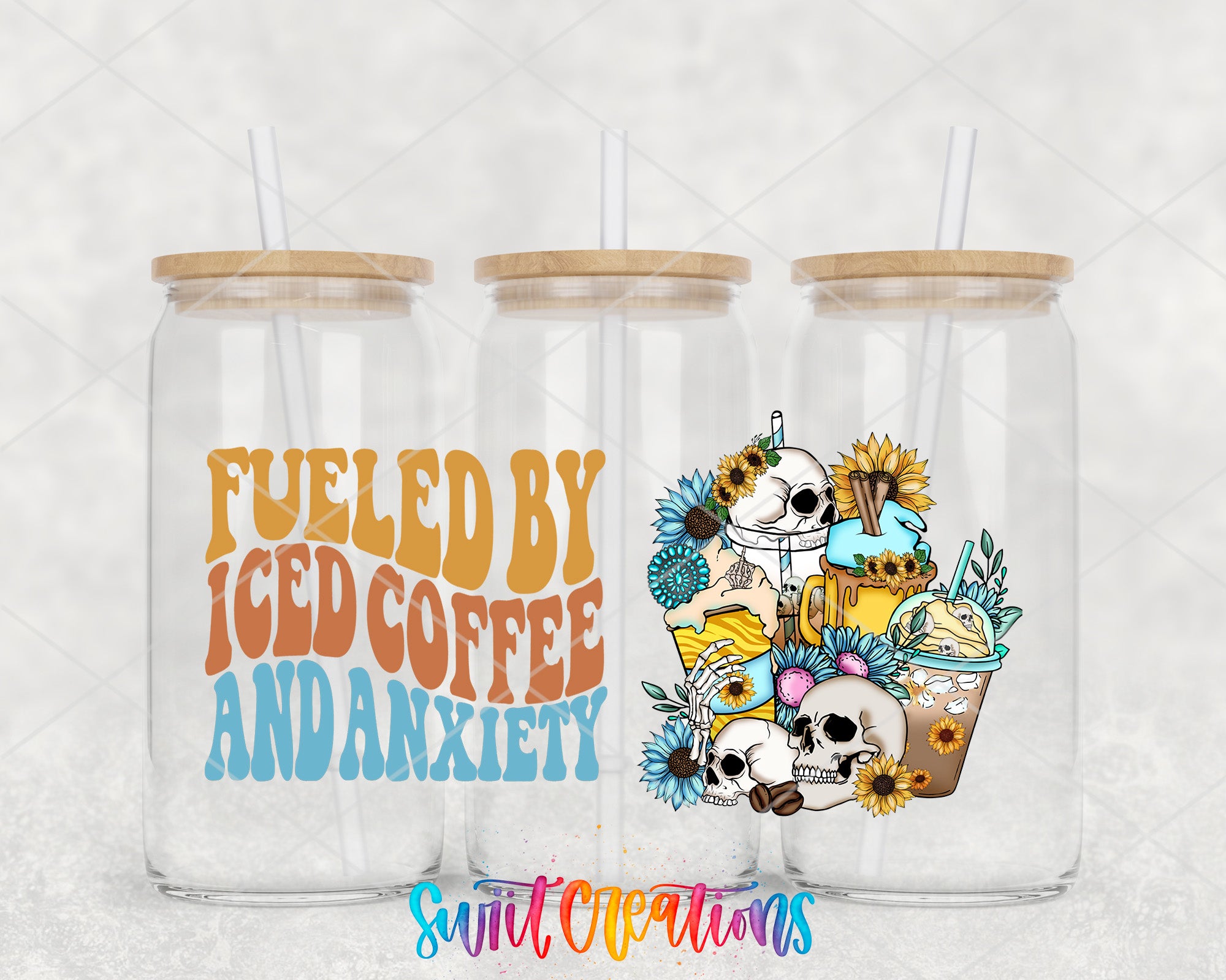 three glass jars with straws, each containing a different design. The left jar has a text that says "Fuelled by Iced Coffee and Anxiety", the middle jar has a design of skulls and flowers, and the right jar has a design of a cup with a sunflower and a cake.