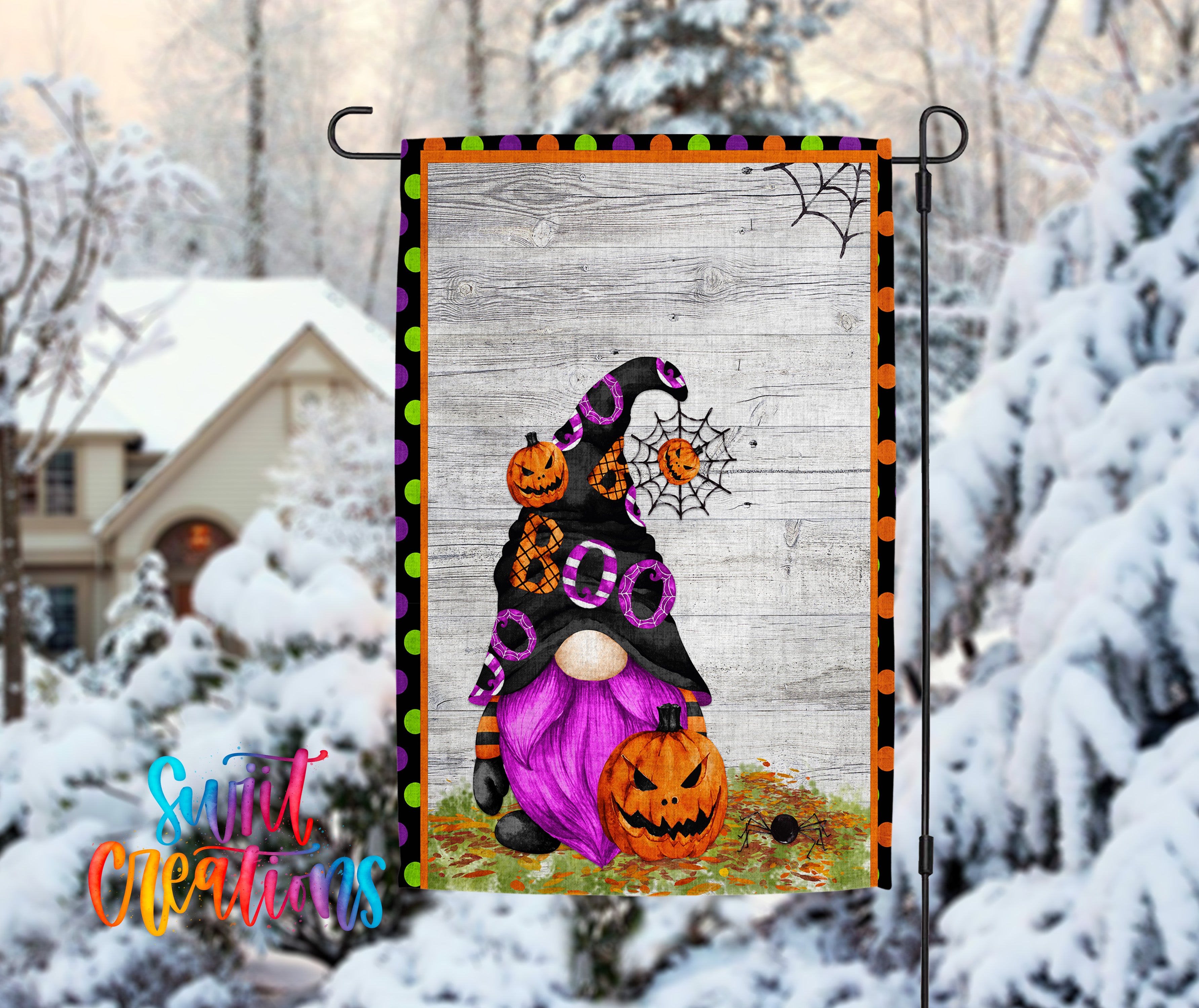 A Halloween-themed garden flag featuring a purple gnome holding a jack-o-lantern, with a spider web design and a snowy background.