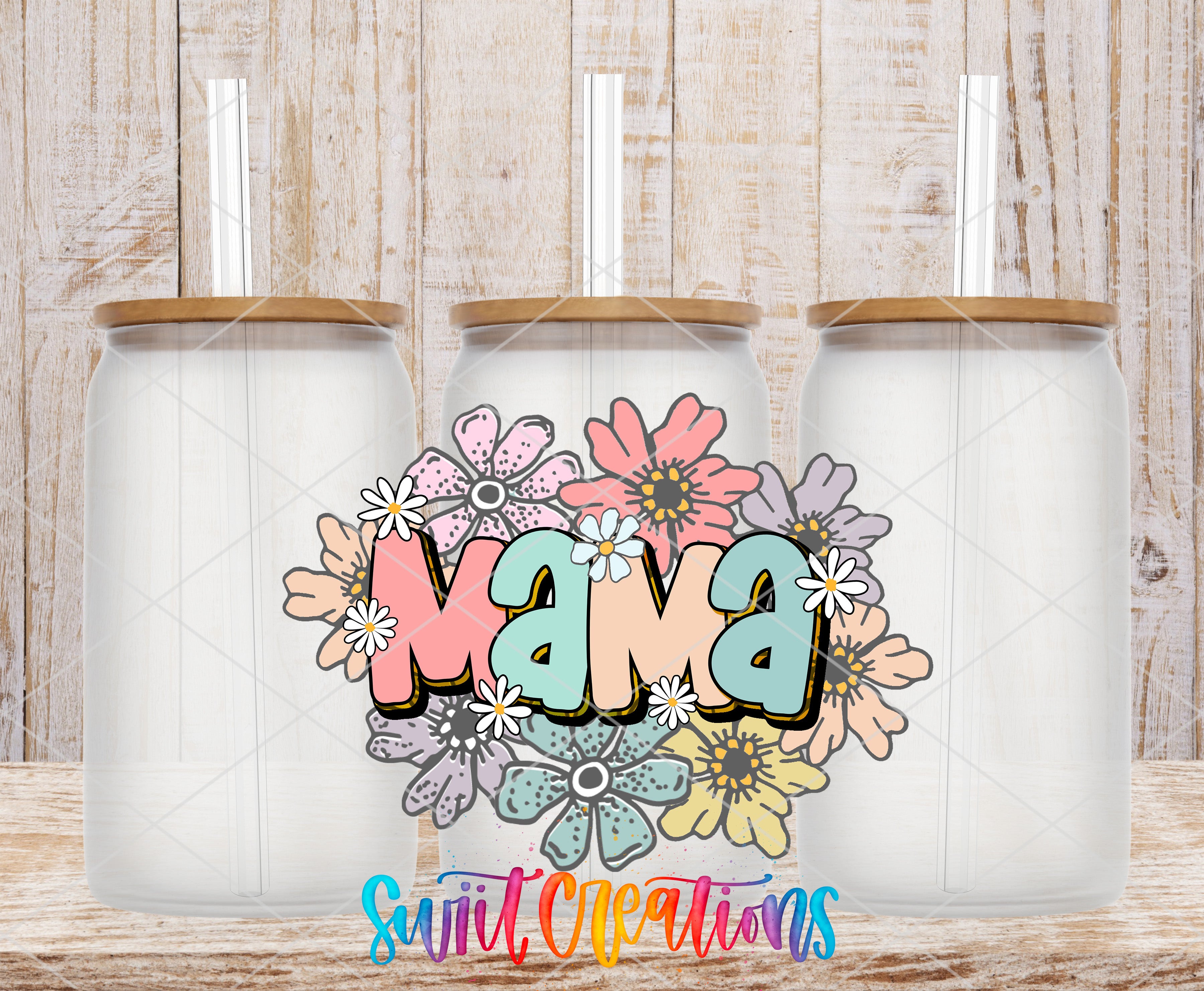 three glass jars with flower designs and the word "Mama" written on them.