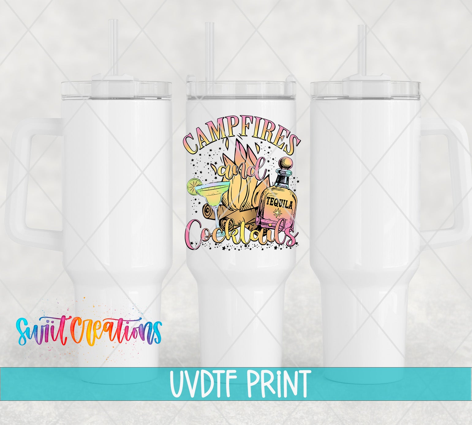 three white tumblers with colorful designs and text printed on them.
