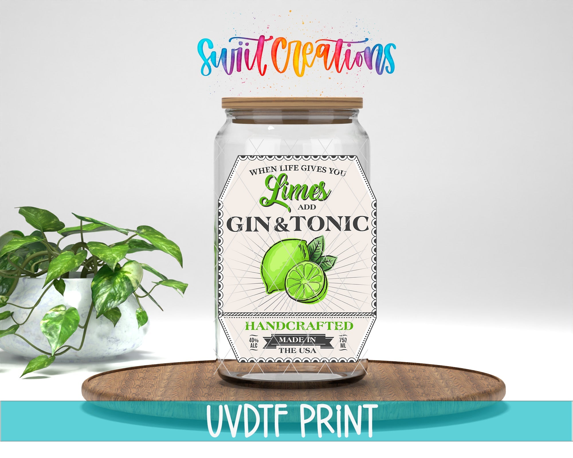 a jar of gin and tonic sitting on a table next to a potted plant