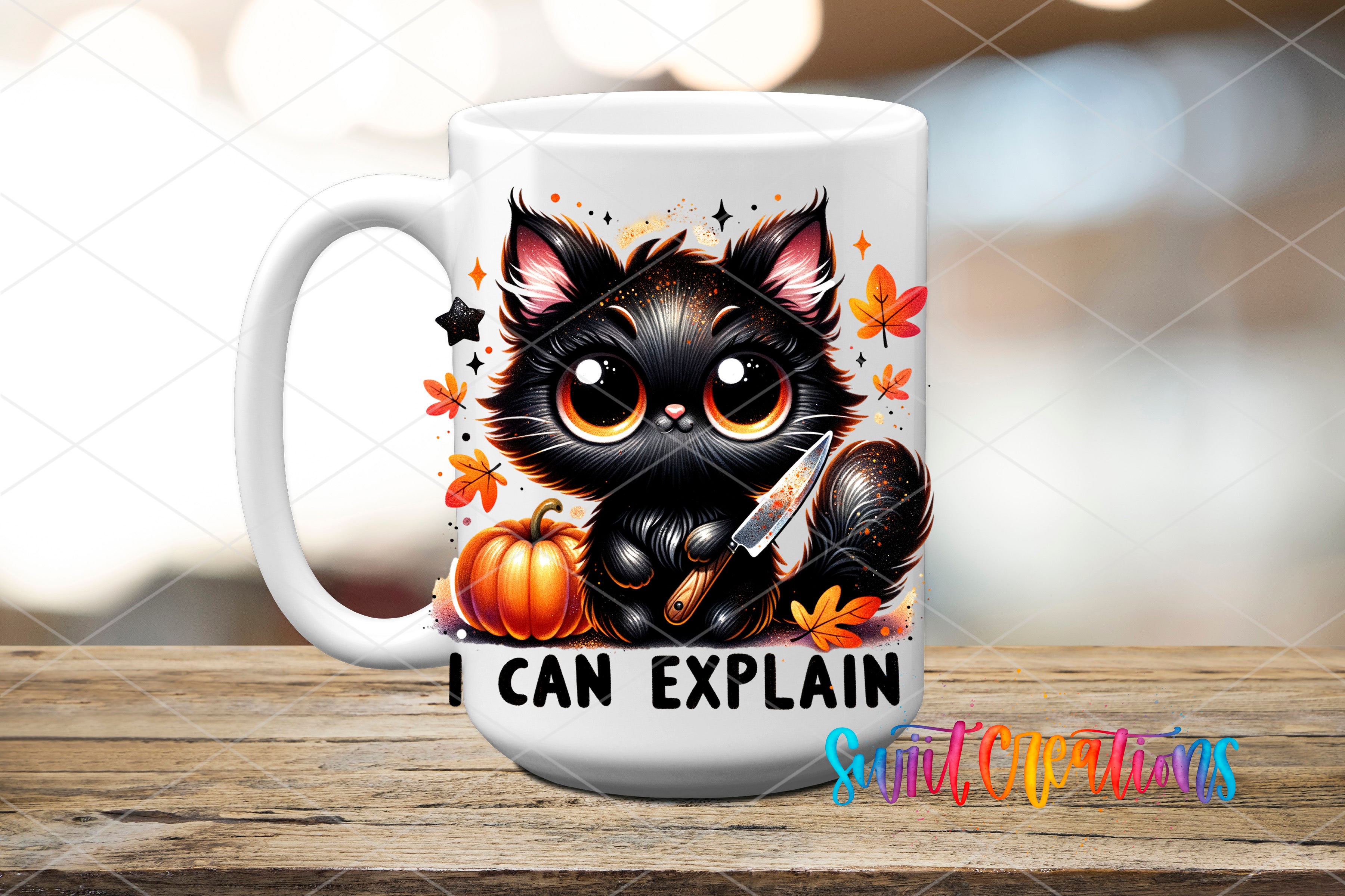 A white mug with a black cat design and the text "I CAN EXPLAIN" printed on it, placed on a wooden surface.