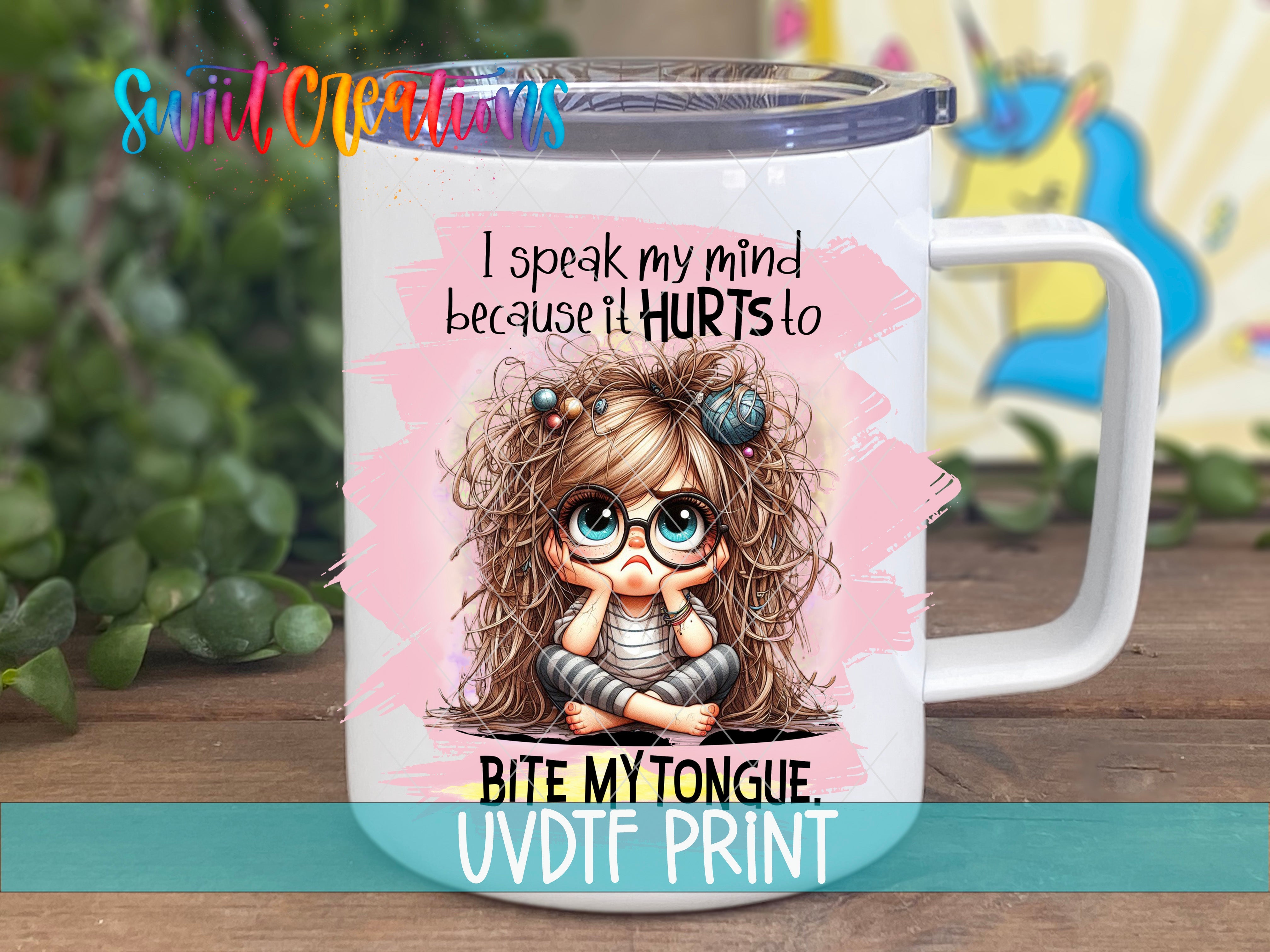 a white coffee mug with a picture of a girl on it