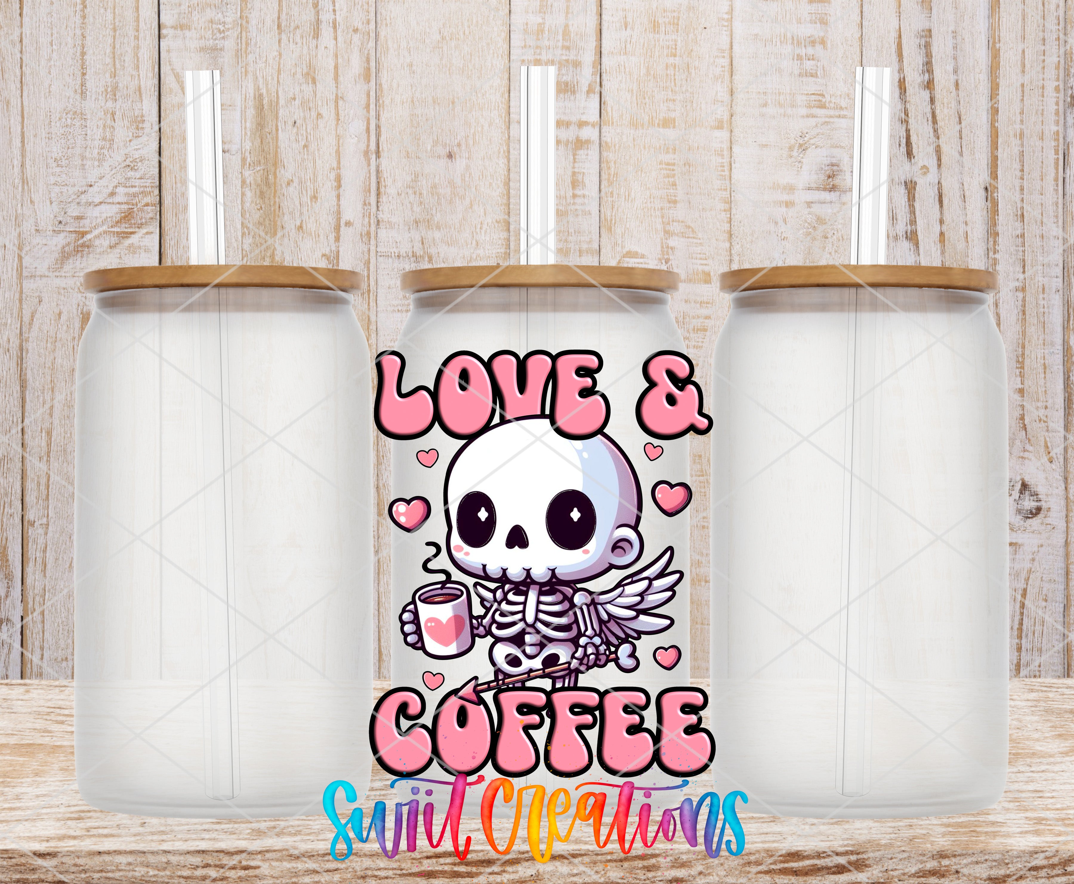 a cartoon skeleton holding a coffee cup with the text "LOVE & COFFEE" and "Swift Cleanings" written below it.