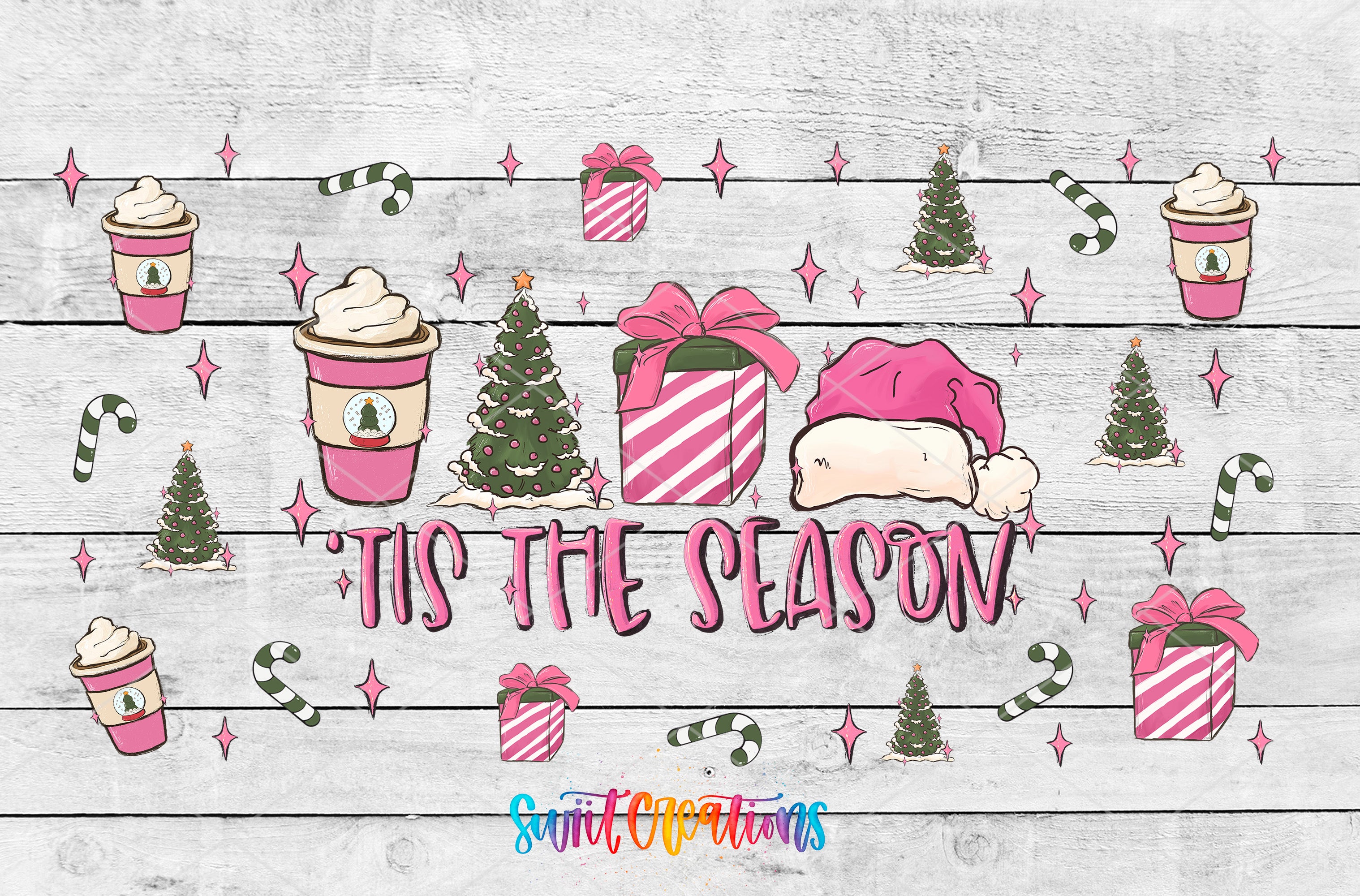 a wooden background with christmas decorations and a cup of coffee