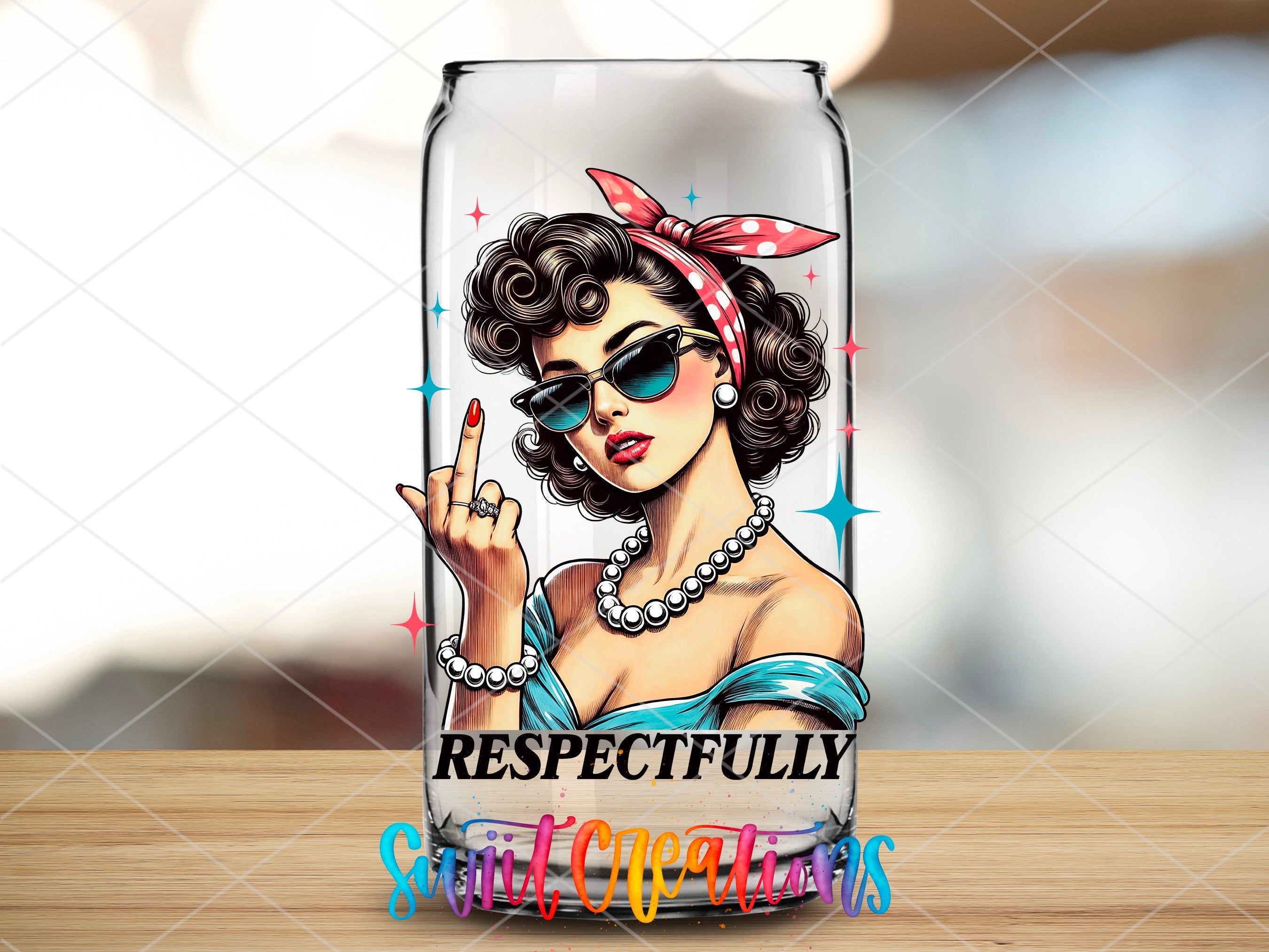 a glass with a picture of a woman holding a peace sign