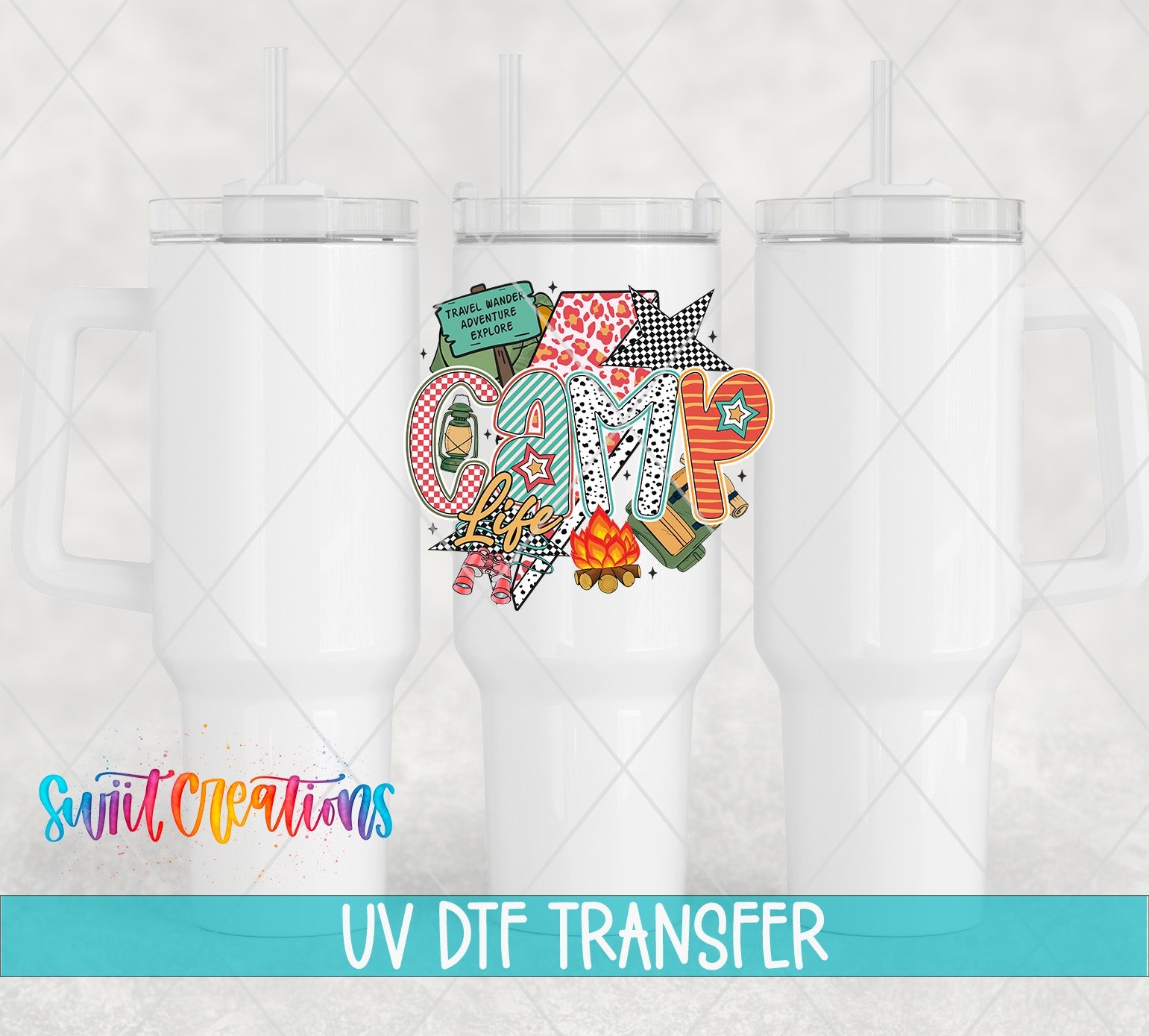 Camp Life Adventure Camping UV DTF transfer applied to a white tumbler set from Swiit Creations