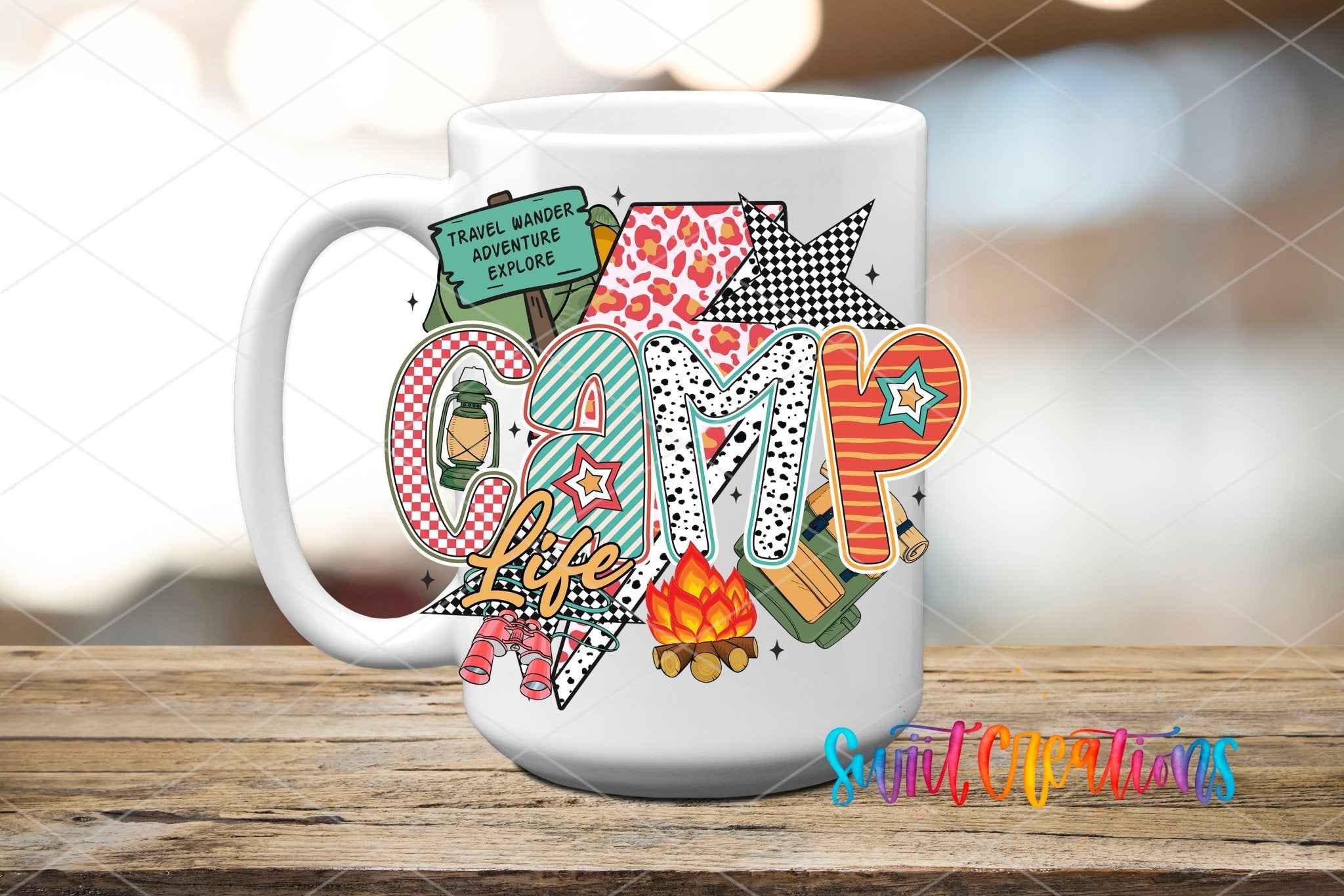 Camp Life Adventure Camping UV DTF transfer displayed on a white ceramic mug from Swiit Creations