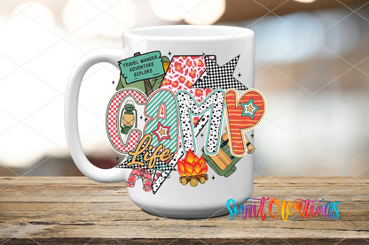 Camp Life checkered and leopard UV DTF transfer on a white ceramic coffee mug