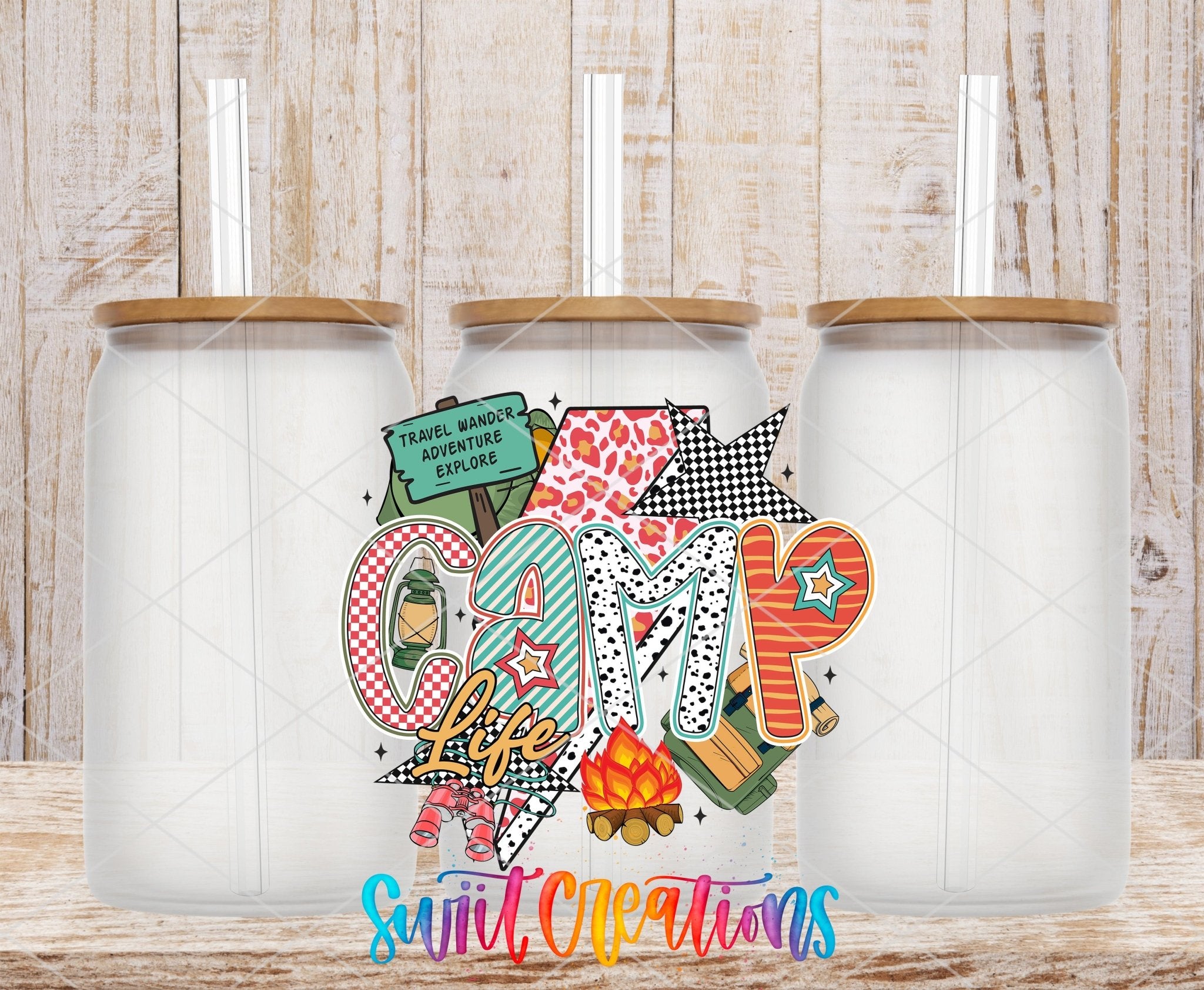 Camp Life Adventure Camping UV DTF transfer applied to a clear glass can set from Swiit Creations