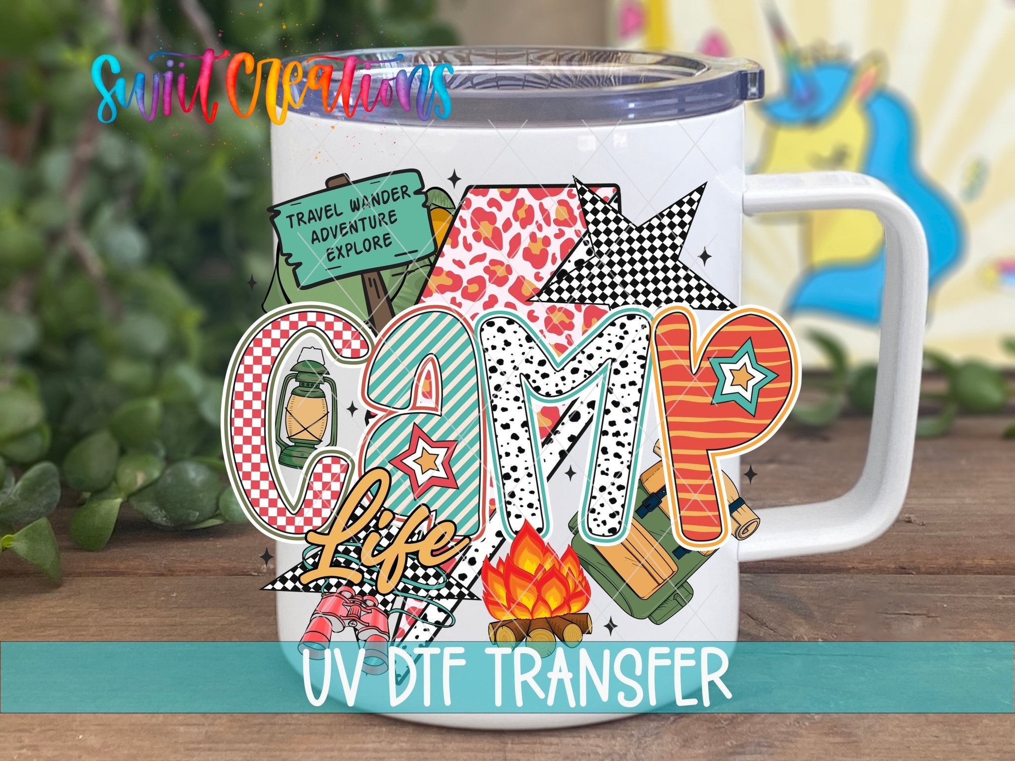 Camp Life Adventure Camping UV DTF transfer displayed on a white coffee mug from Swiit Creations