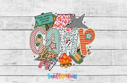 Camp Life checkered and leopard UV DTF transfer artwork on a white wood background