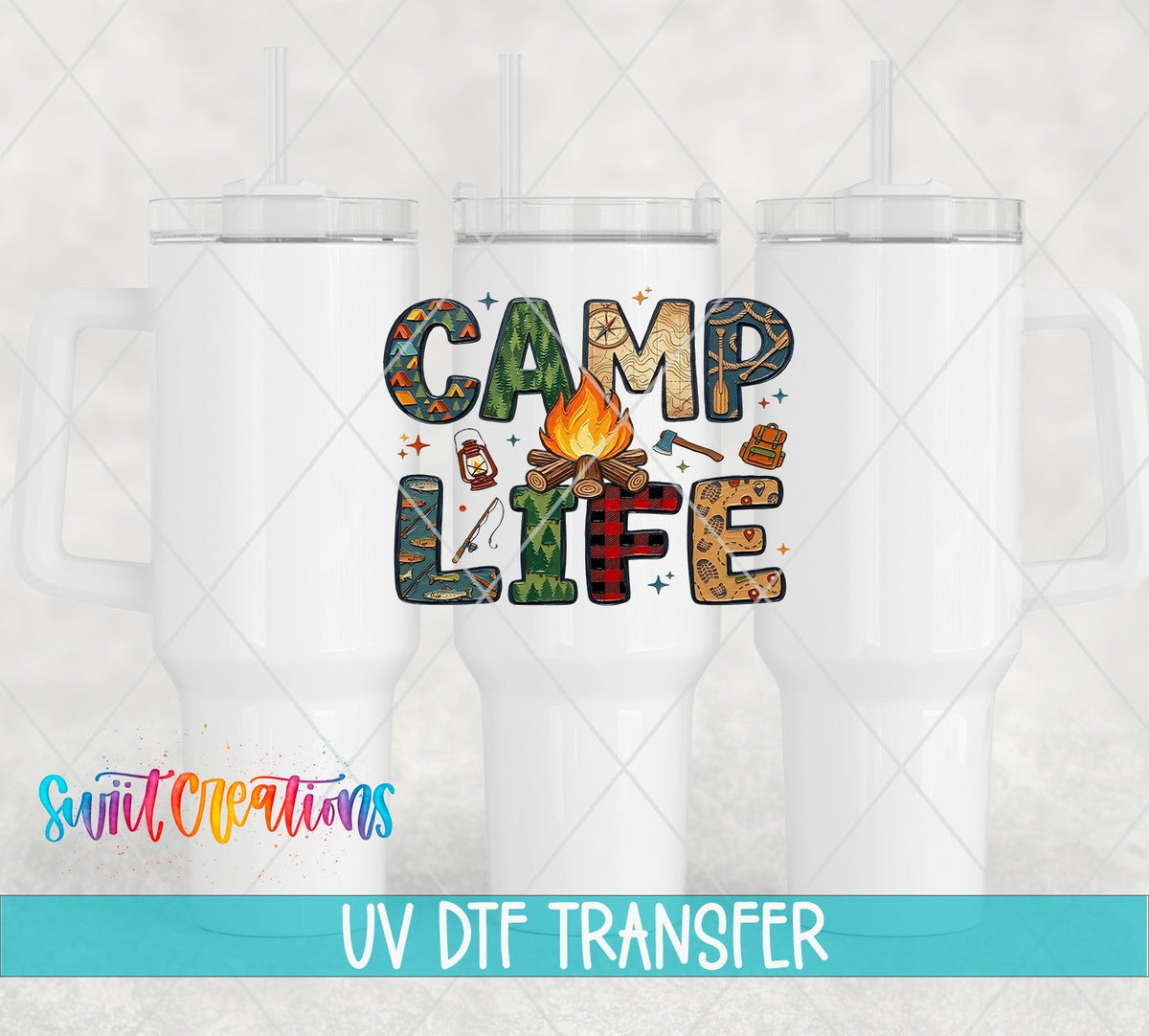Camp Life plaid and campfire UV DTF transfer on white 40 oz tumblers