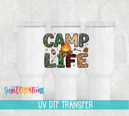 Camp Life plaid and campfire UV DTF transfer on white 40 oz tumblers