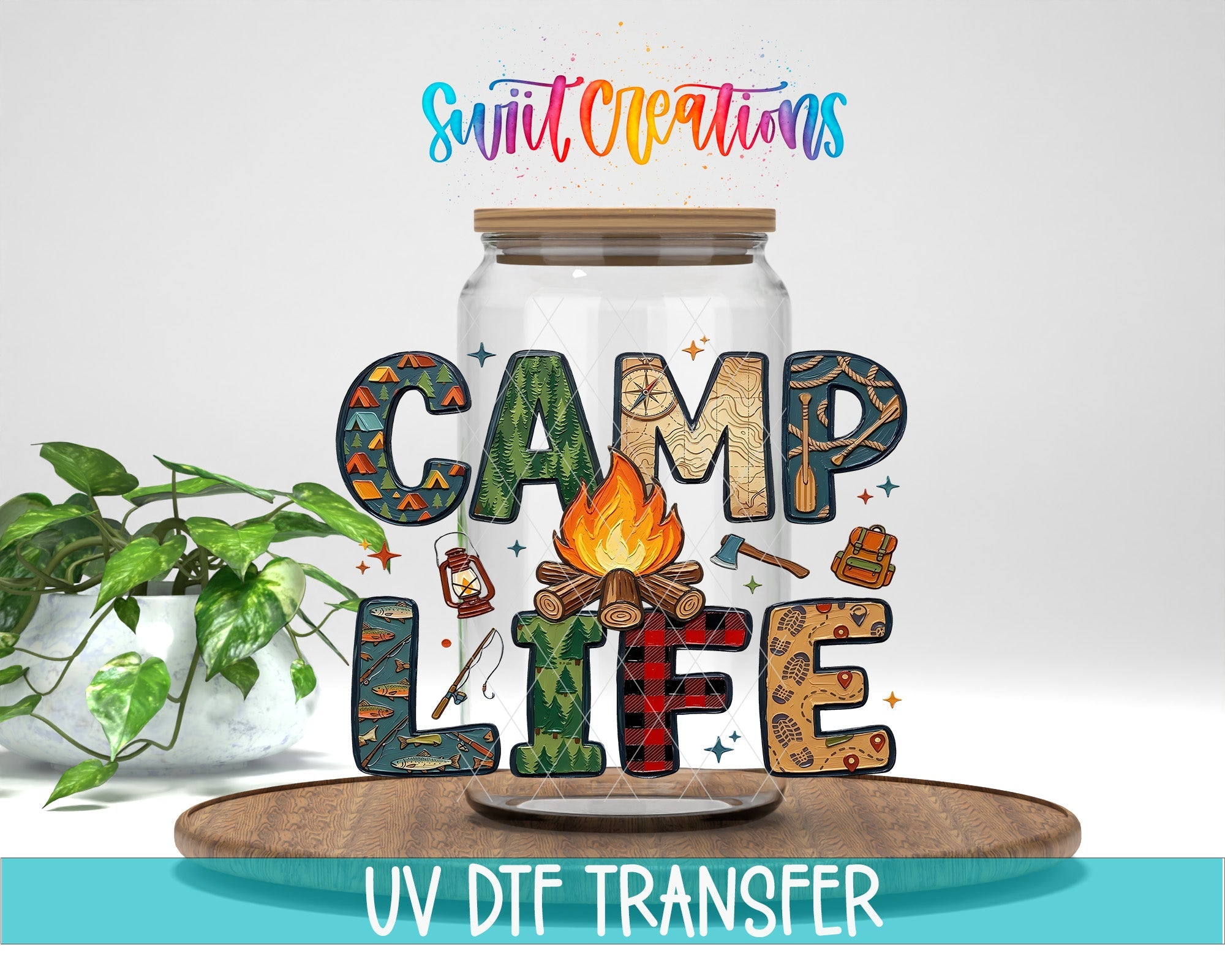 Camp Life UV DTF transfer displayed on a clear jar mockup from Swiit Creations