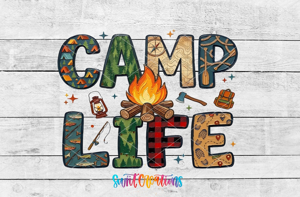 Camp Life plaid and campfire UV DTF transfer artwork on a white wood background