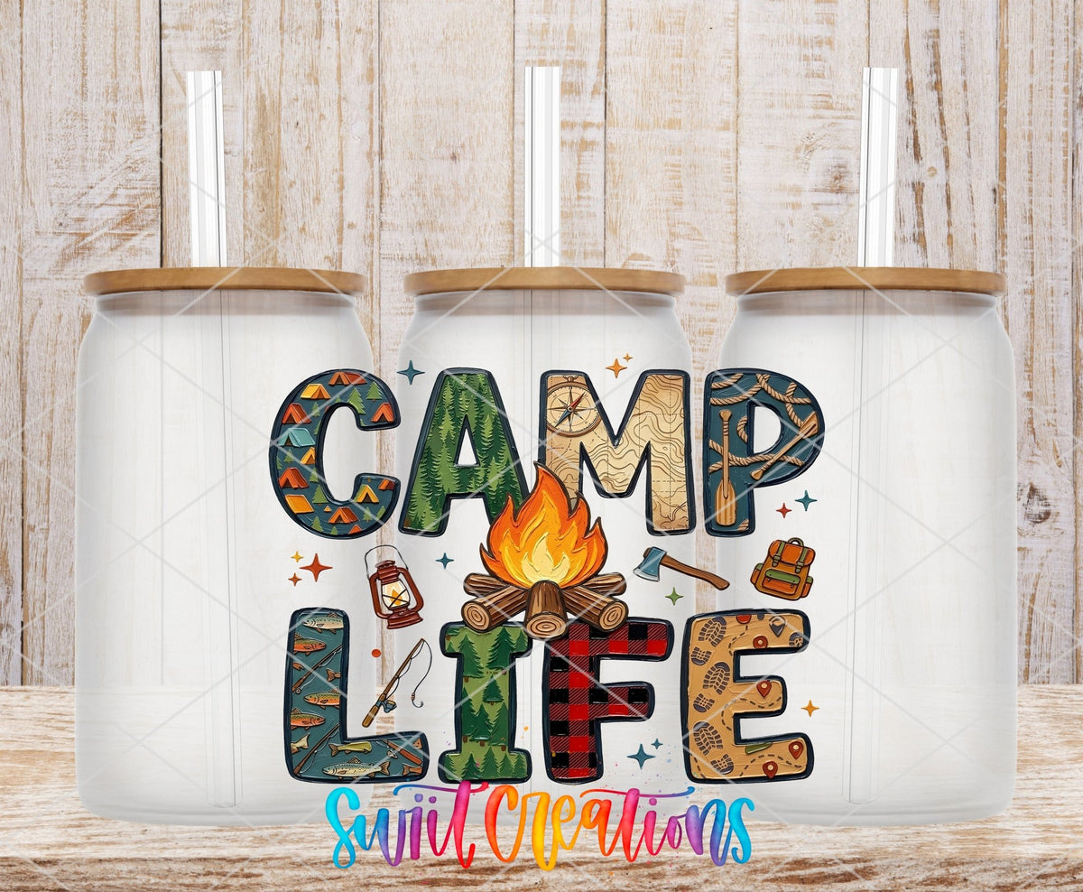 Camp Life plaid and campfire UV DTF transfer on frosted glass cans with bamboo lids