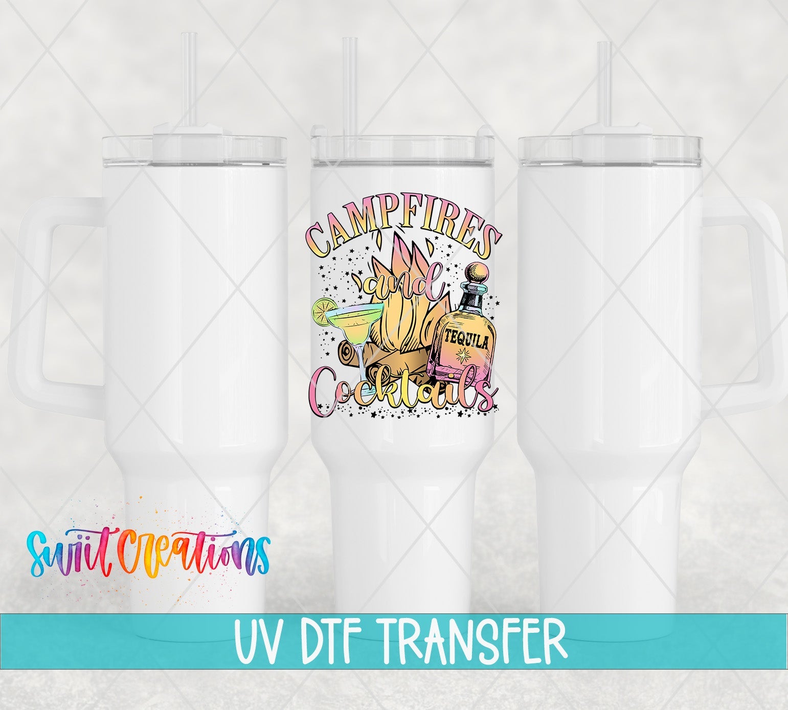 Campfires and Cocktails UV DTF transfer applied to a white tumbler set from Swiit Creations