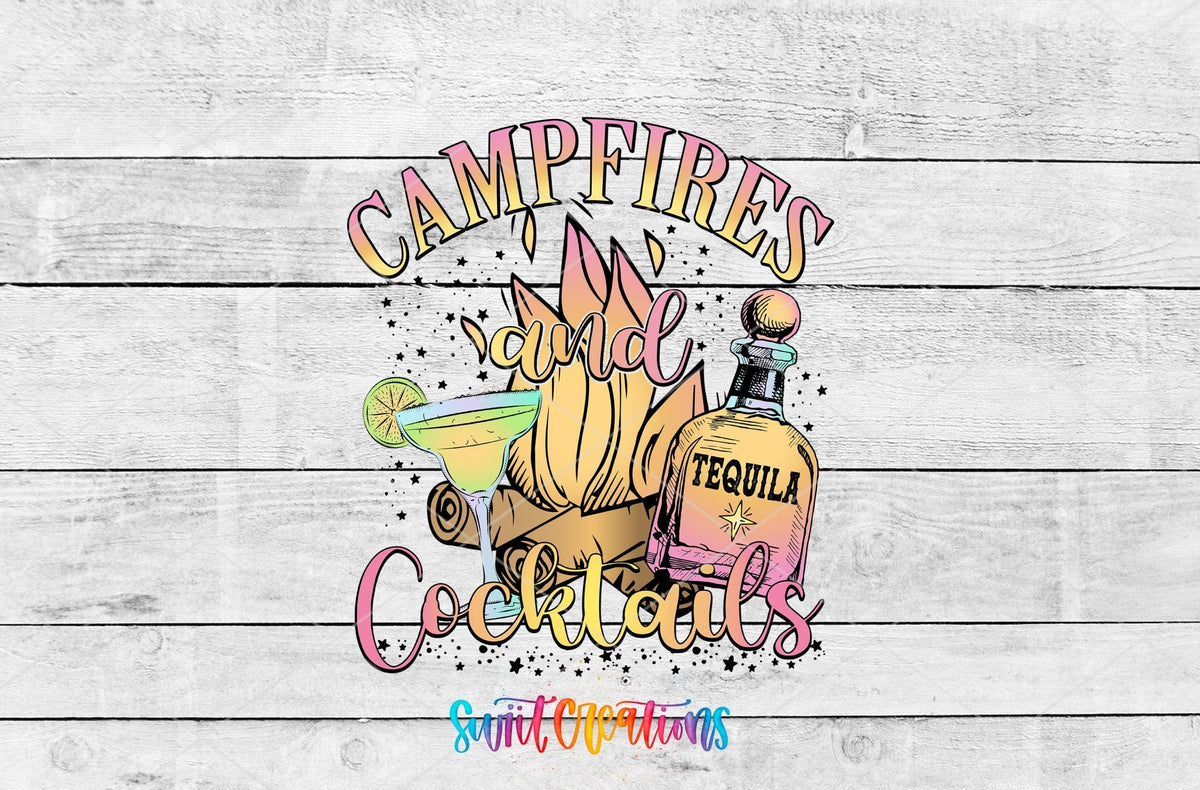 Campfires and Cocktails UV DTF transfer artwork on a white wood background