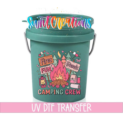 Camping Crew UV DTF transfer on a teal mini bucket with a lid on a white background