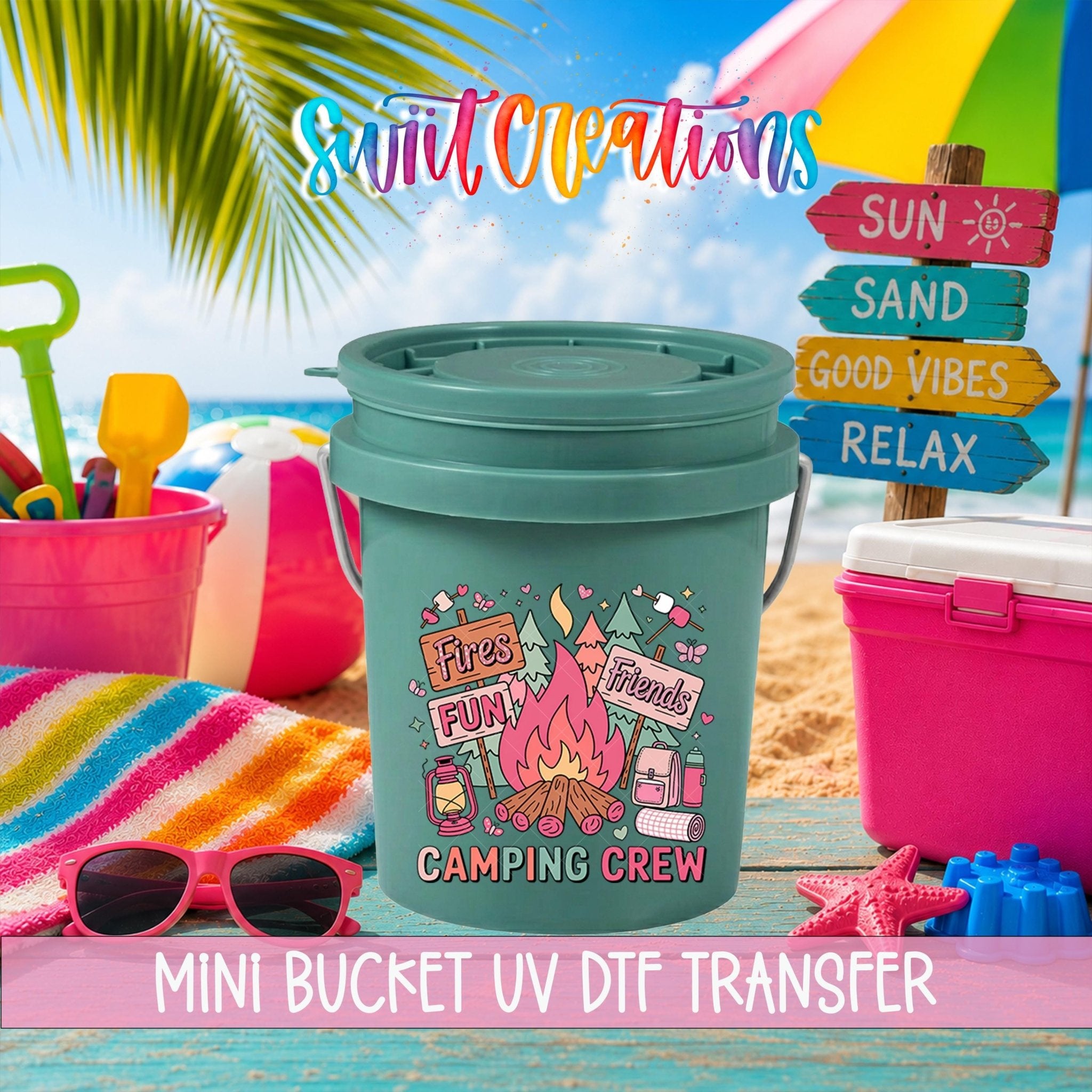 Camping Crew Mini Bucket UV DTF Transfer | Campfire Glamping Bucket Decal | MB1998 - Swiit Creations