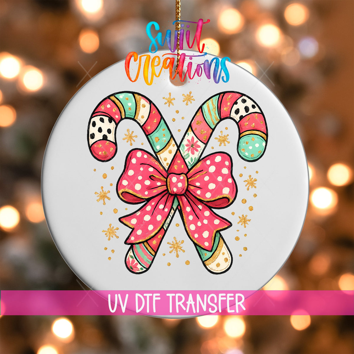 Candy Cane Bow UV DTF Ornament Transfer | Pastel Christmas Transfer | O-1726 - Swiit Creations