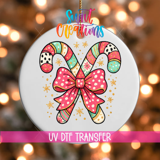 Candy Cane Bow UV DTF Ornament Transfer | Pastel Christmas Transfer | O-1726 - Swiit Creations