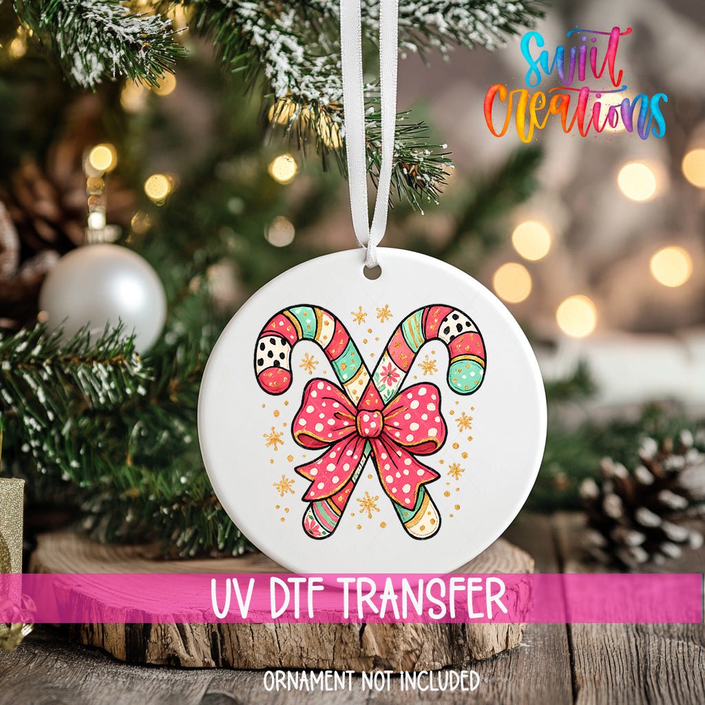 Candy Cane Bow UV DTF Ornament Transfer | Pastel Christmas Transfer | O-1726 - Swiit Creations