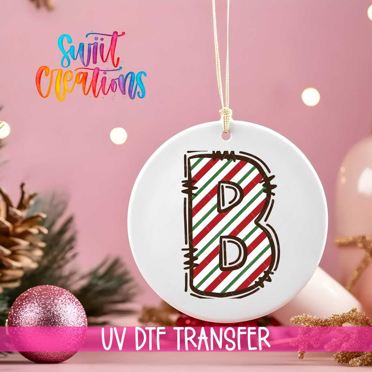 Candy Cane Christmas UV DTF Ornament Decal | Initial Letter Transfer for DIY Holiday Decor | Personalized Alphabet Design | CF01 - Swiit Creations
