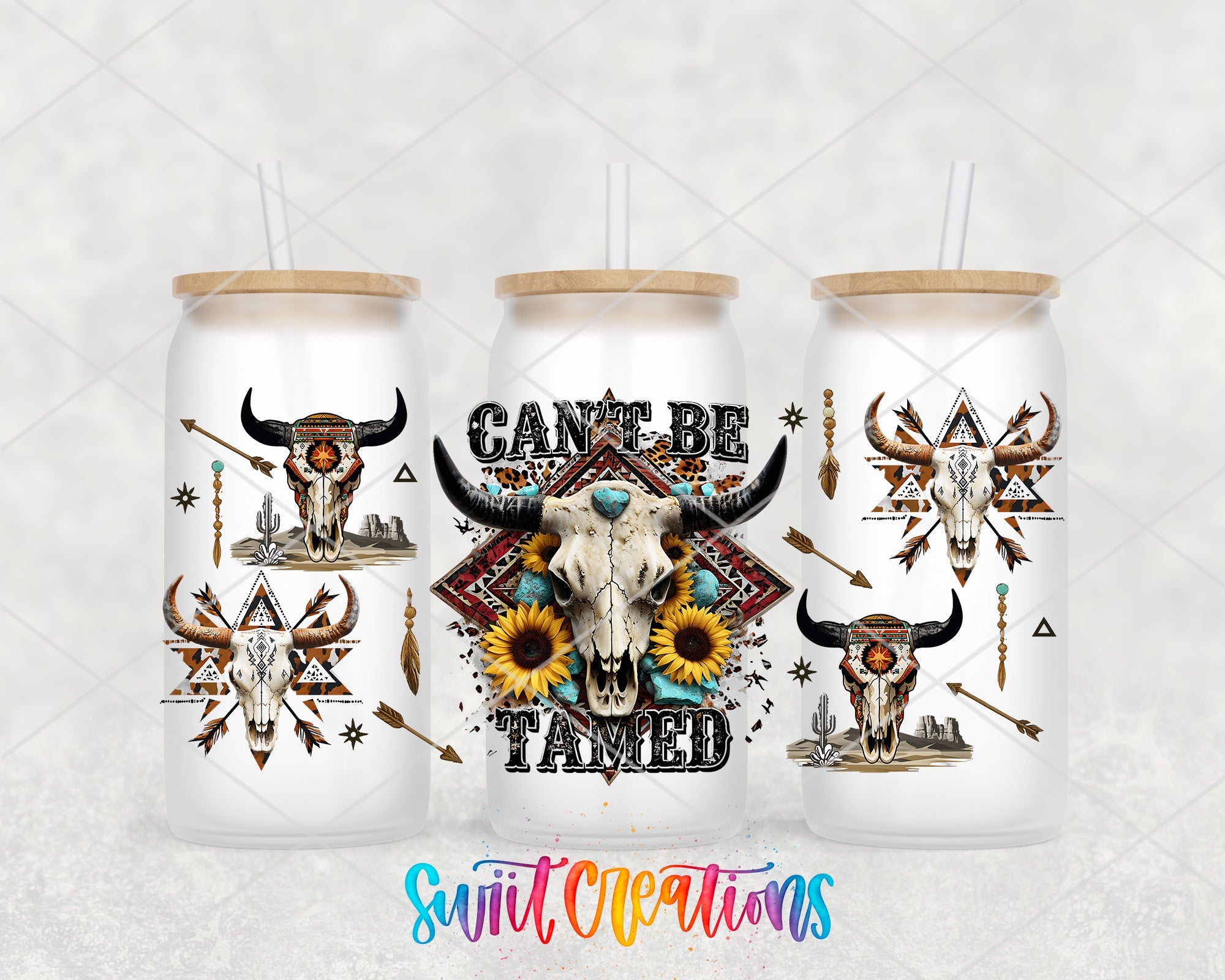 Cant Be Tamed Western UV DTF Transfer Tumbler Wrap | Boho Bull Skull Sunflower Tumbler Design | DTF283 - Swiit Creations