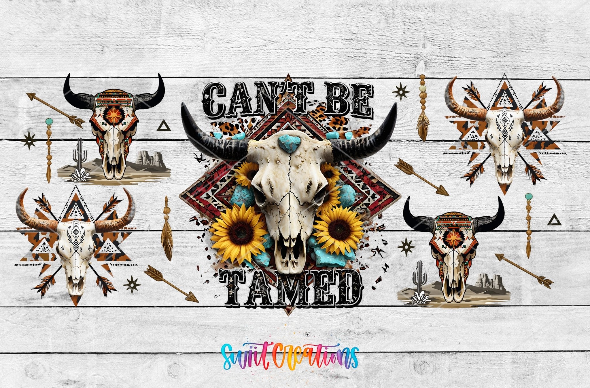 Cant Be Tamed Western UV DTF Transfer Tumbler Wrap | Boho Bull Skull Sunflower Tumbler Design | DTF283 - Swiit Creations