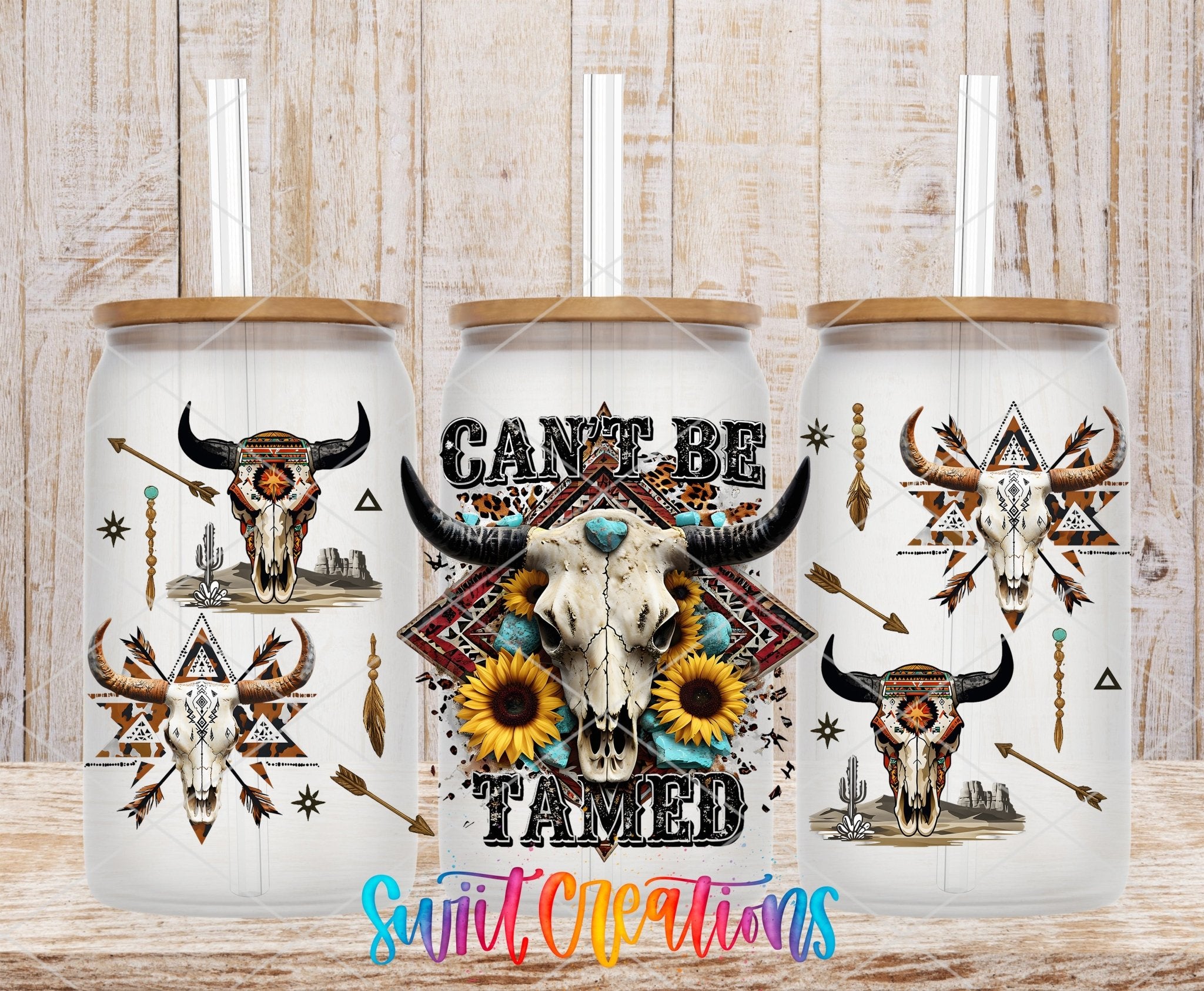 Cant Be Tamed Western UV DTF Transfer Tumbler Wrap | Boho Bull Skull Sunflower Tumbler Design | DTF283 - Swiit Creations