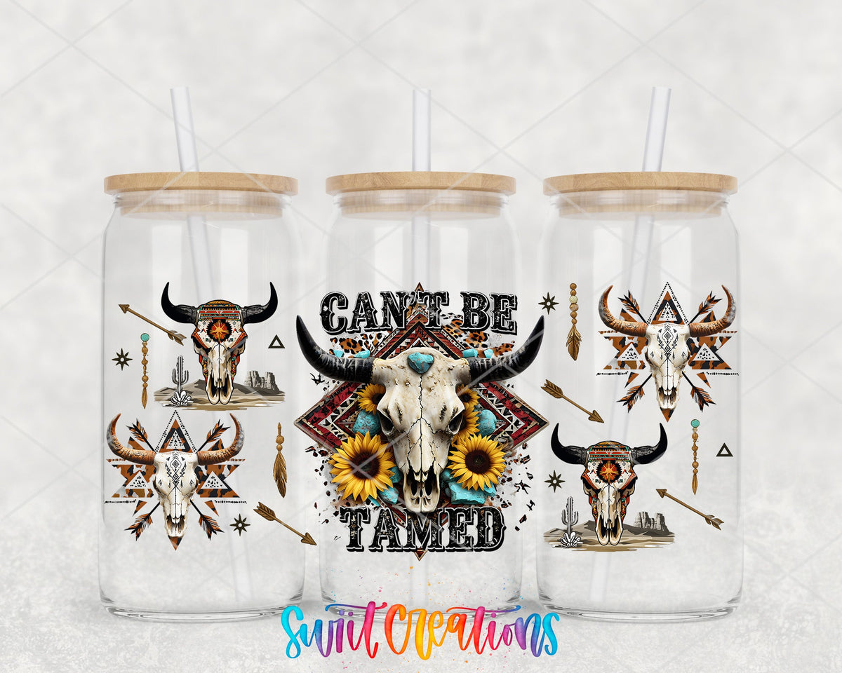 Can't Be Tamed UV DTF full wrap on three glass cans